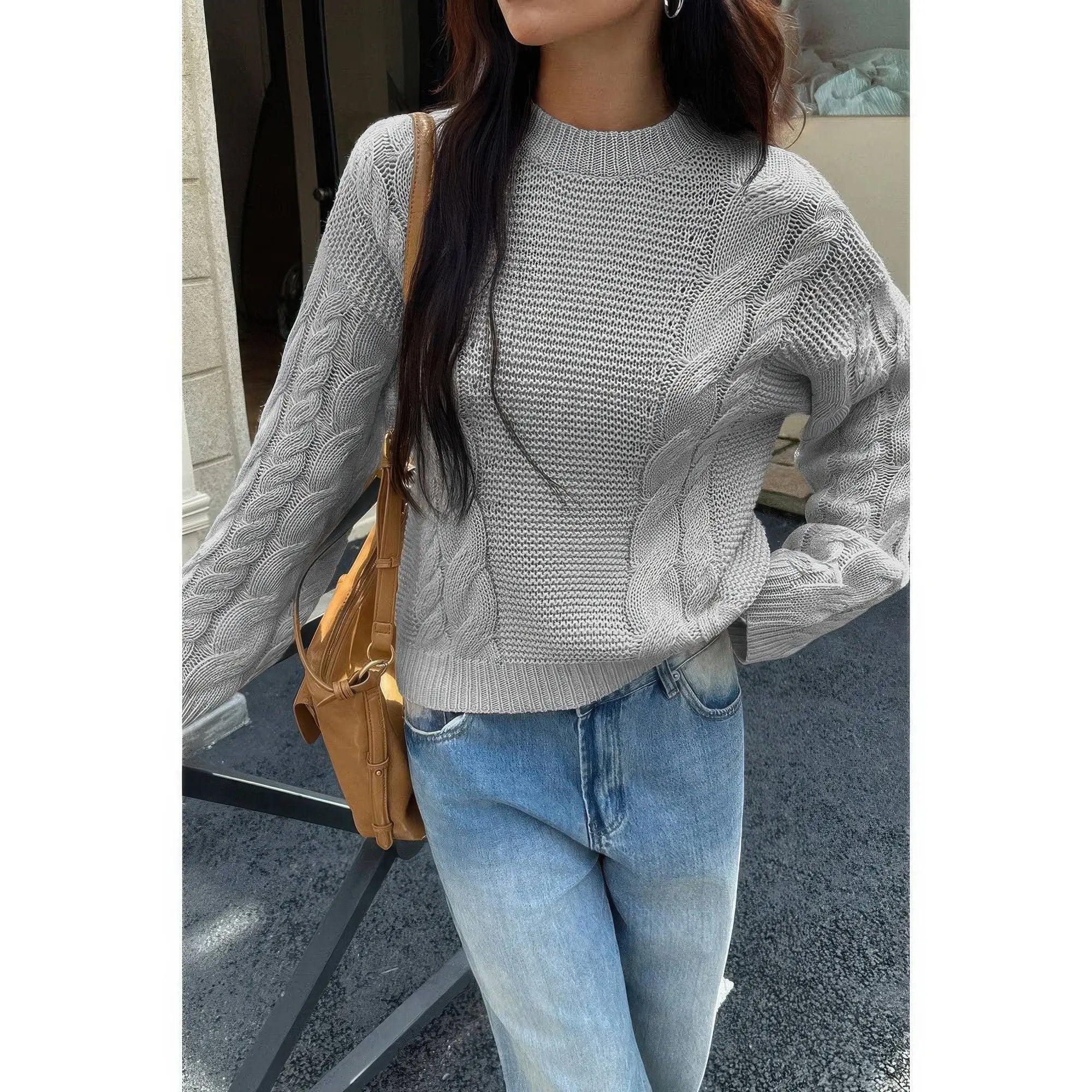 Solid Round Neck Cable Knit Pullover Sweater - DressAffection