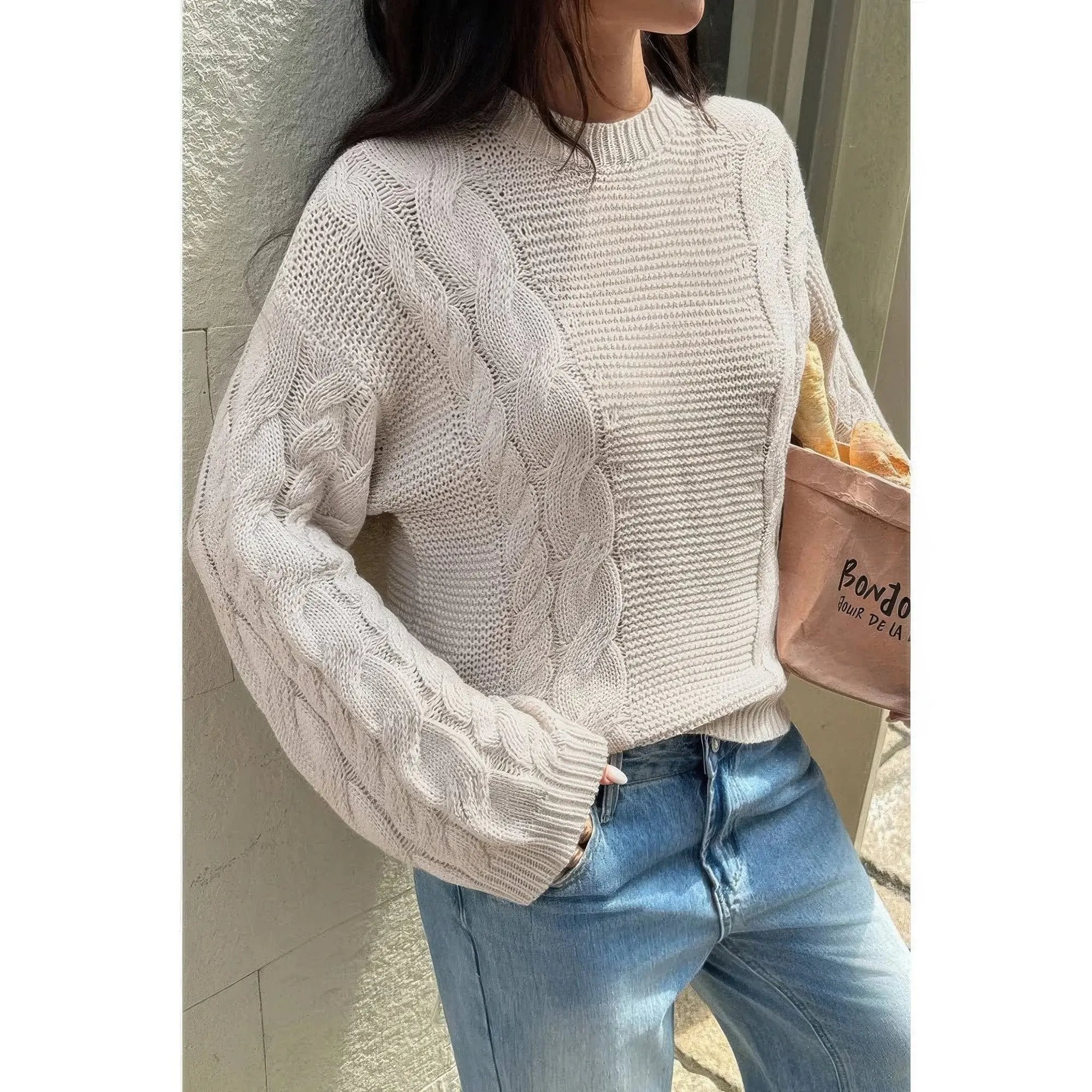 Solid Round Neck Cable Knit Pullover Sweater - DressAffection