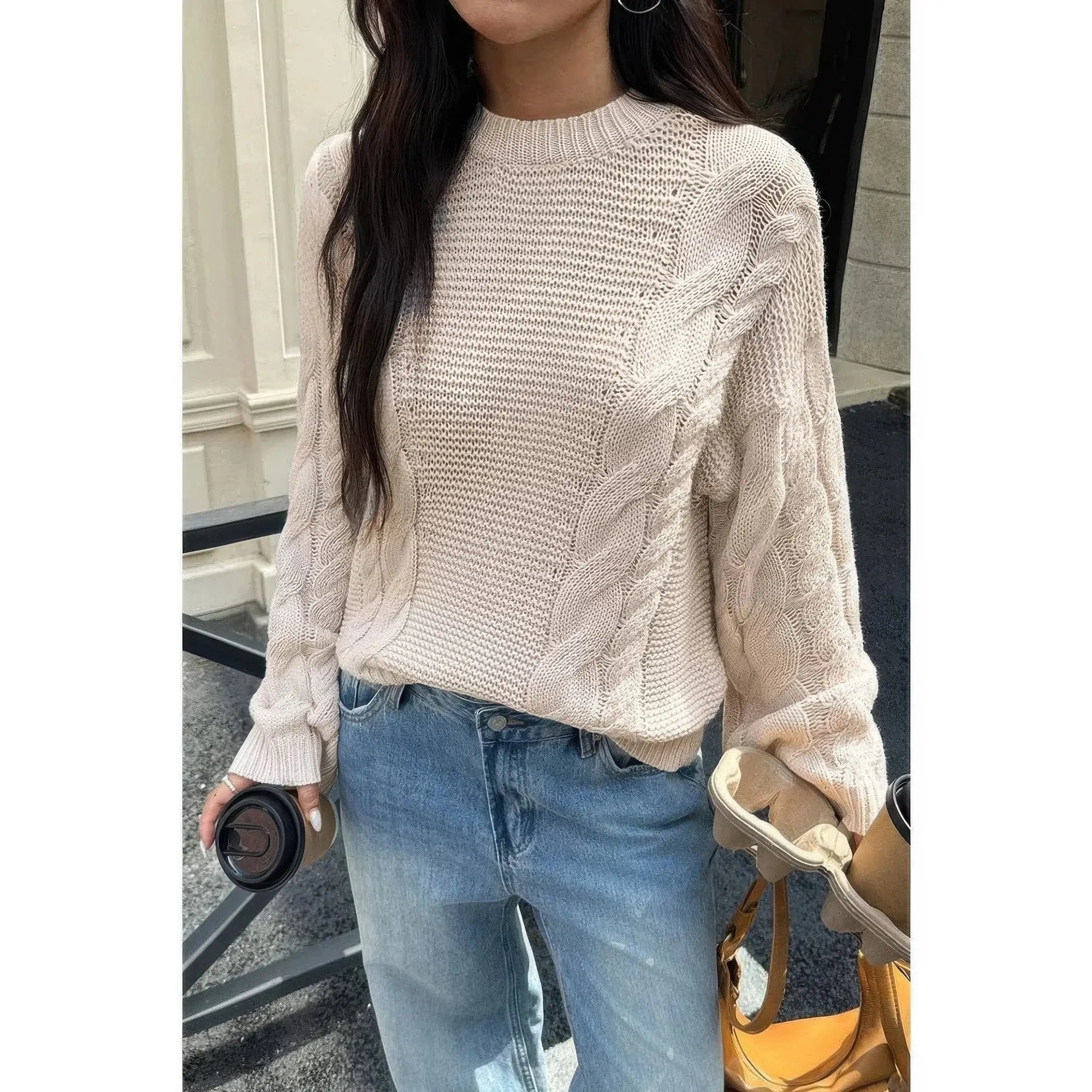 Solid Round Neck Cable Knit Pullover Sweater - DressAffection