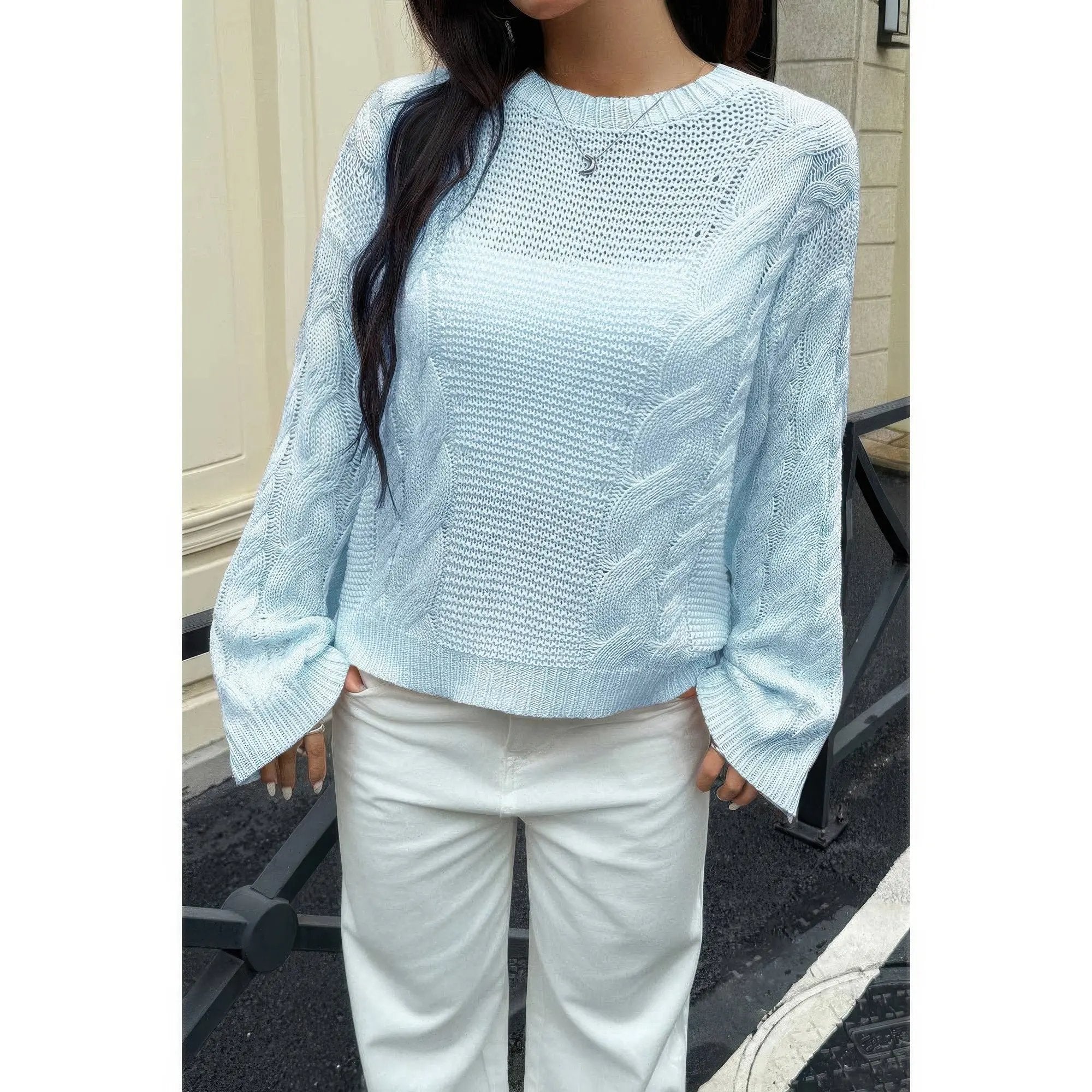 Solid Round Neck Cable Knit Pullover Sweater - DressAffection