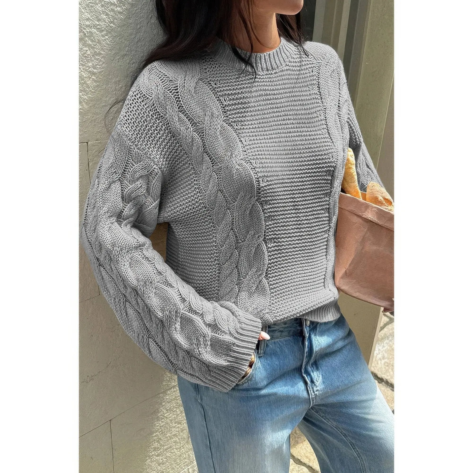 Solid Round Neck Cable Knit Pullover Sweater - DressAffection