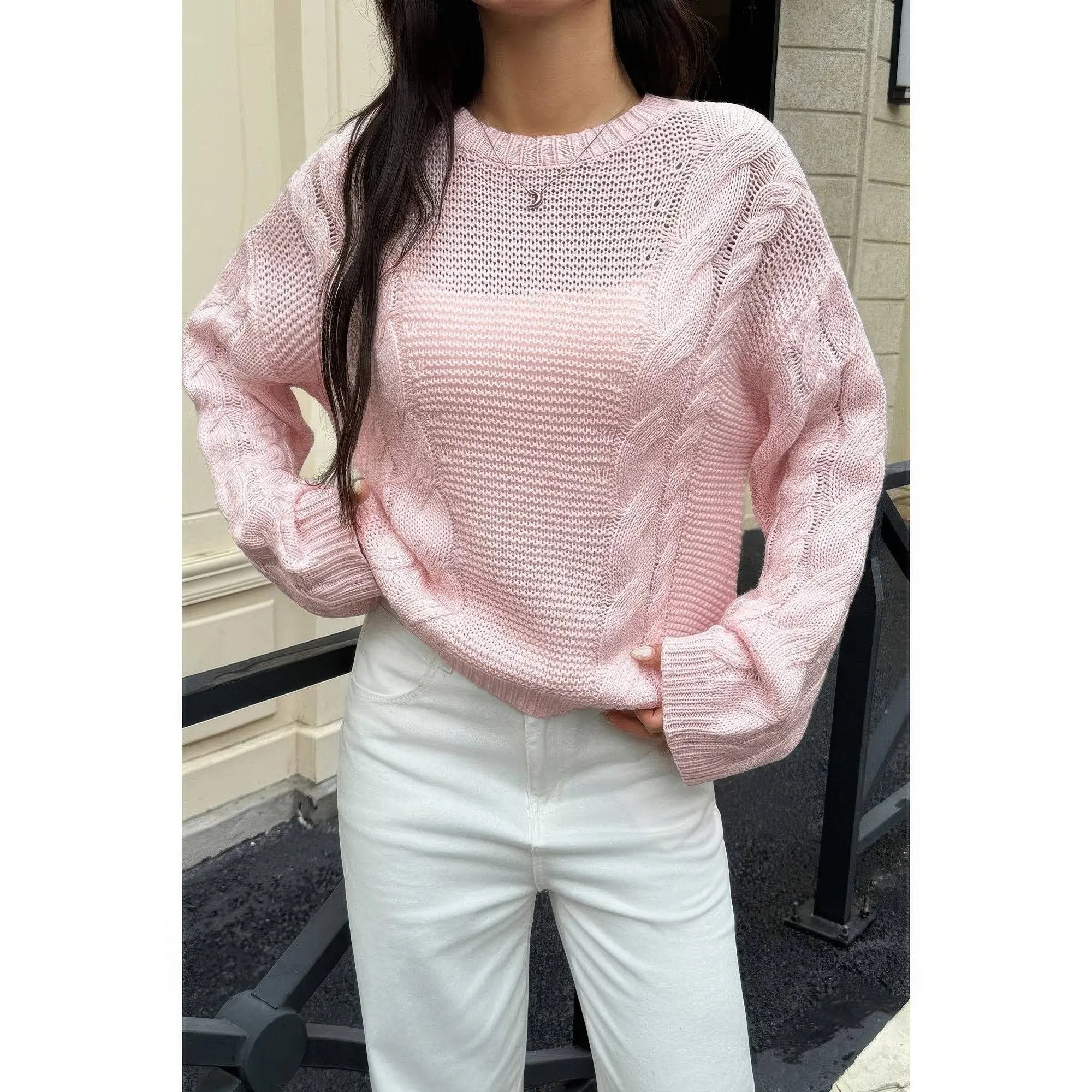 Solid Round Neck Cable Knit Pullover Sweater - DressAffection