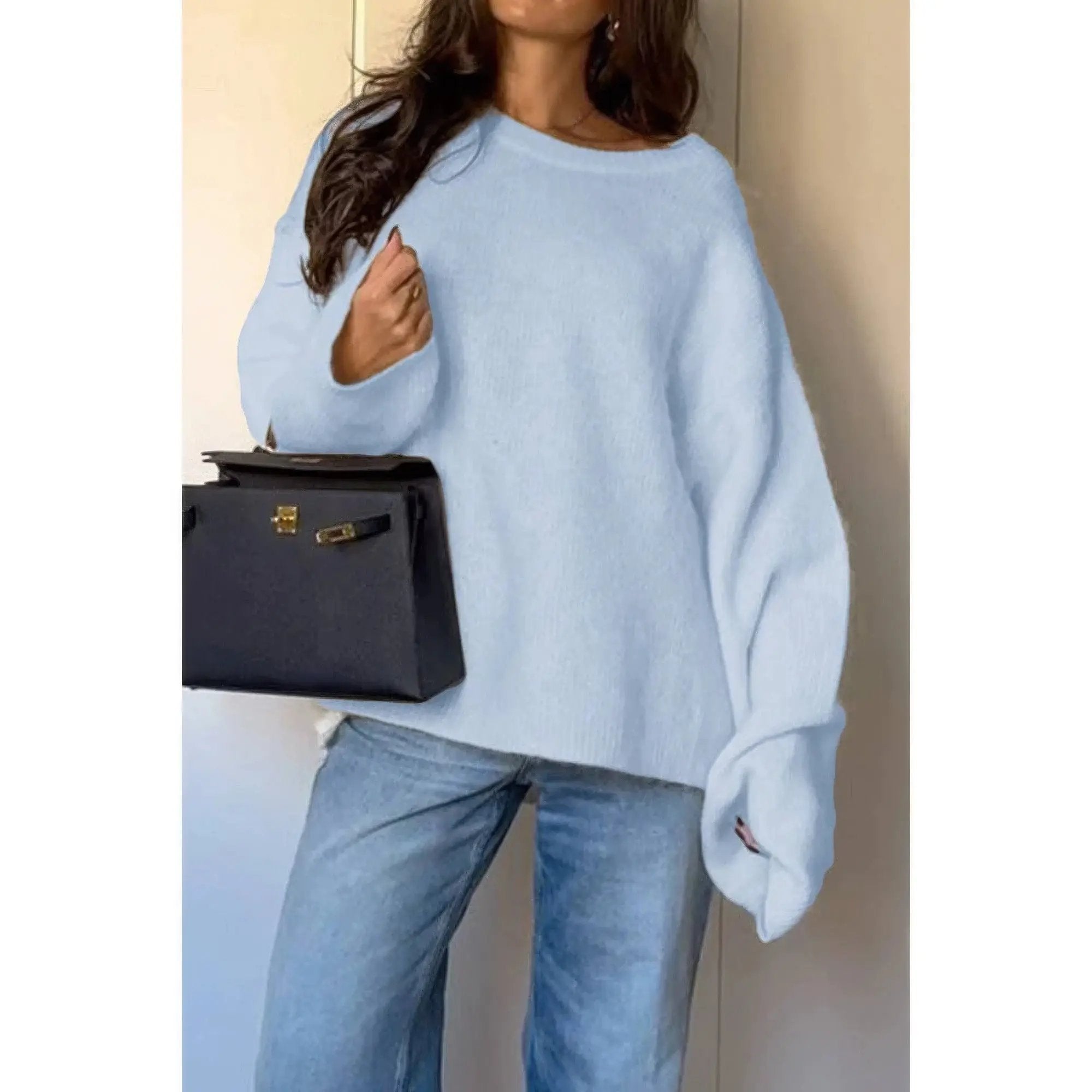 Solid Round Neck Long Sleeved Knit Loose Sweater - DressAffection