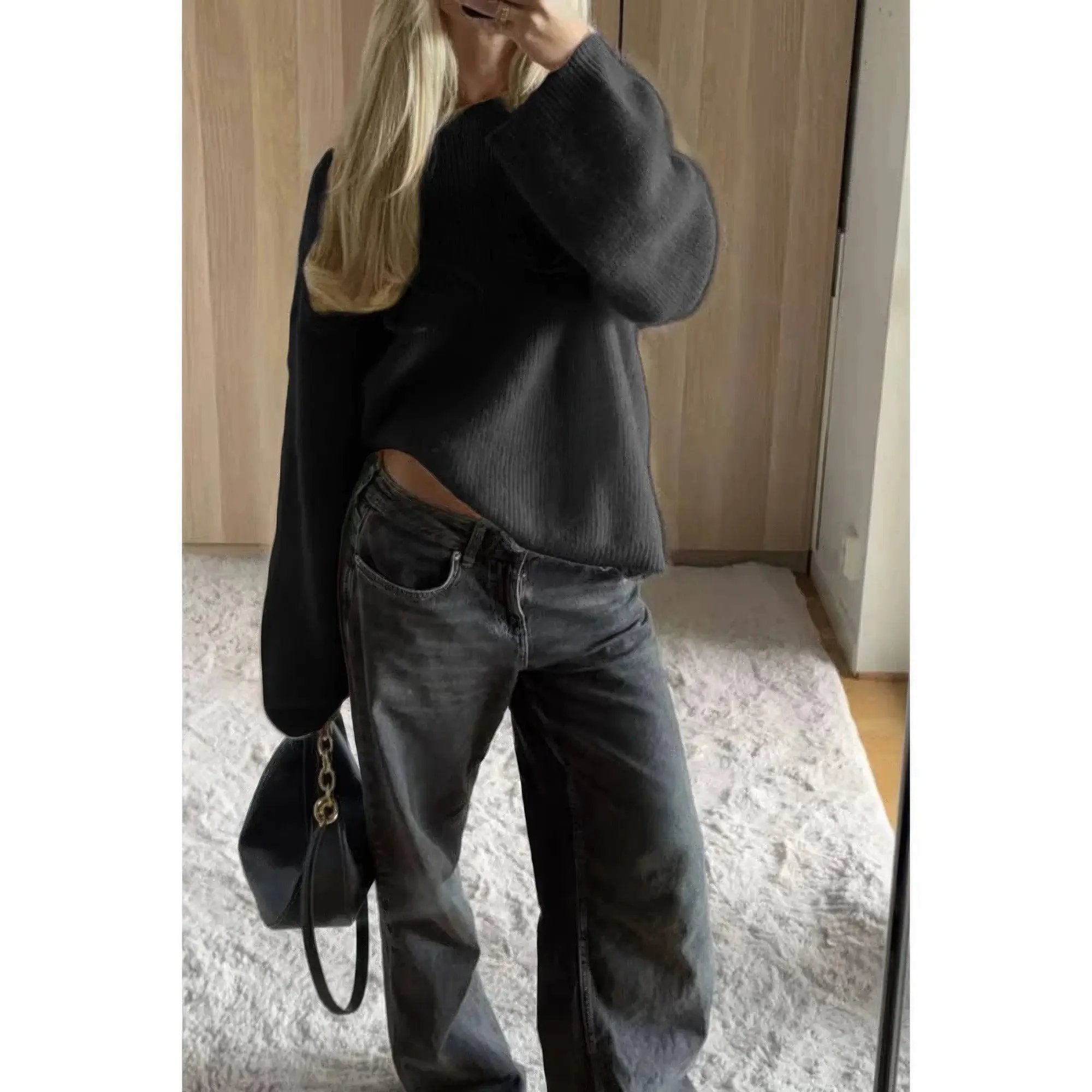 Solid Round Neck Long Sleeved Knit Loose Sweater - DressAffection