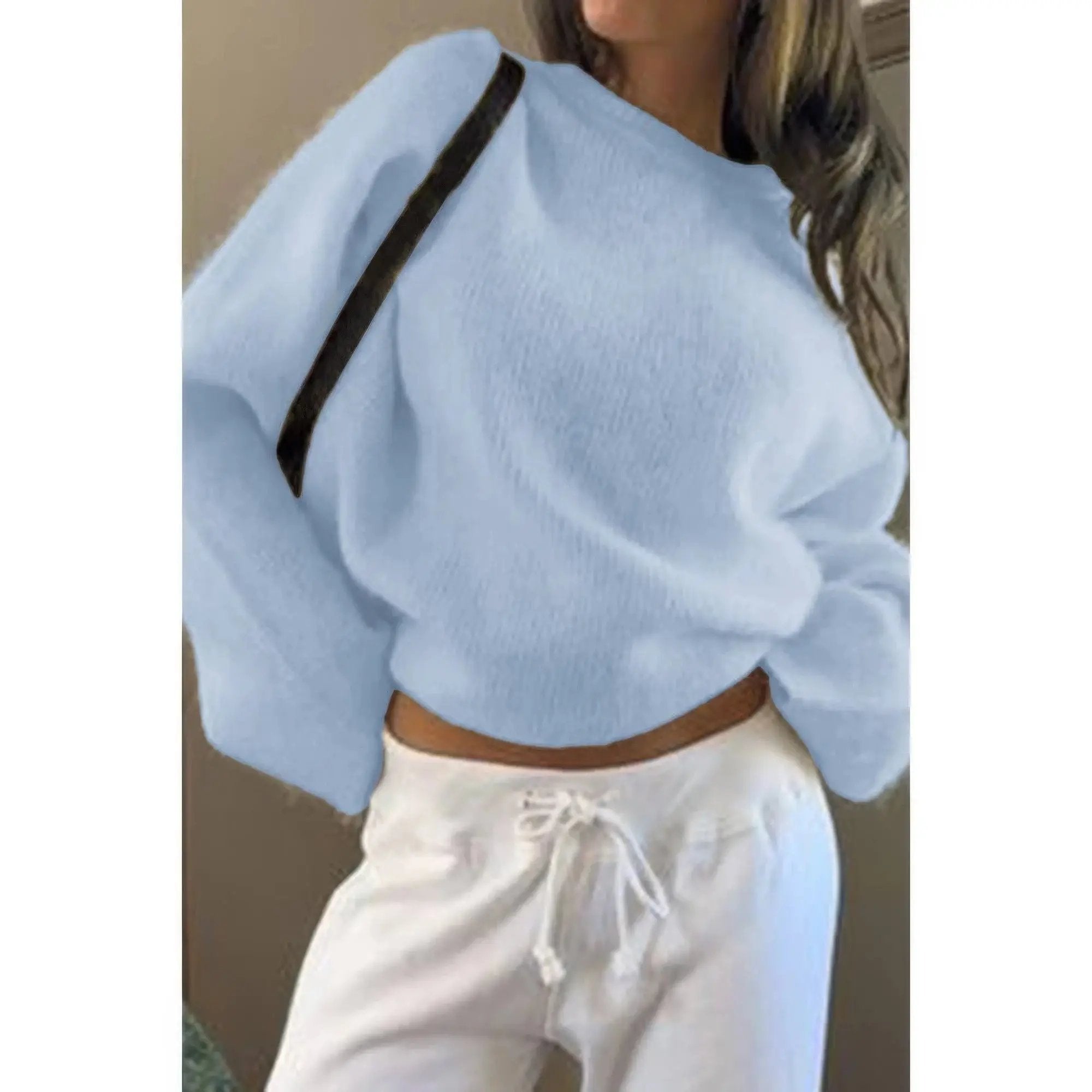 Solid Round Neck Long Sleeved Knit Loose Sweater - DressAffection