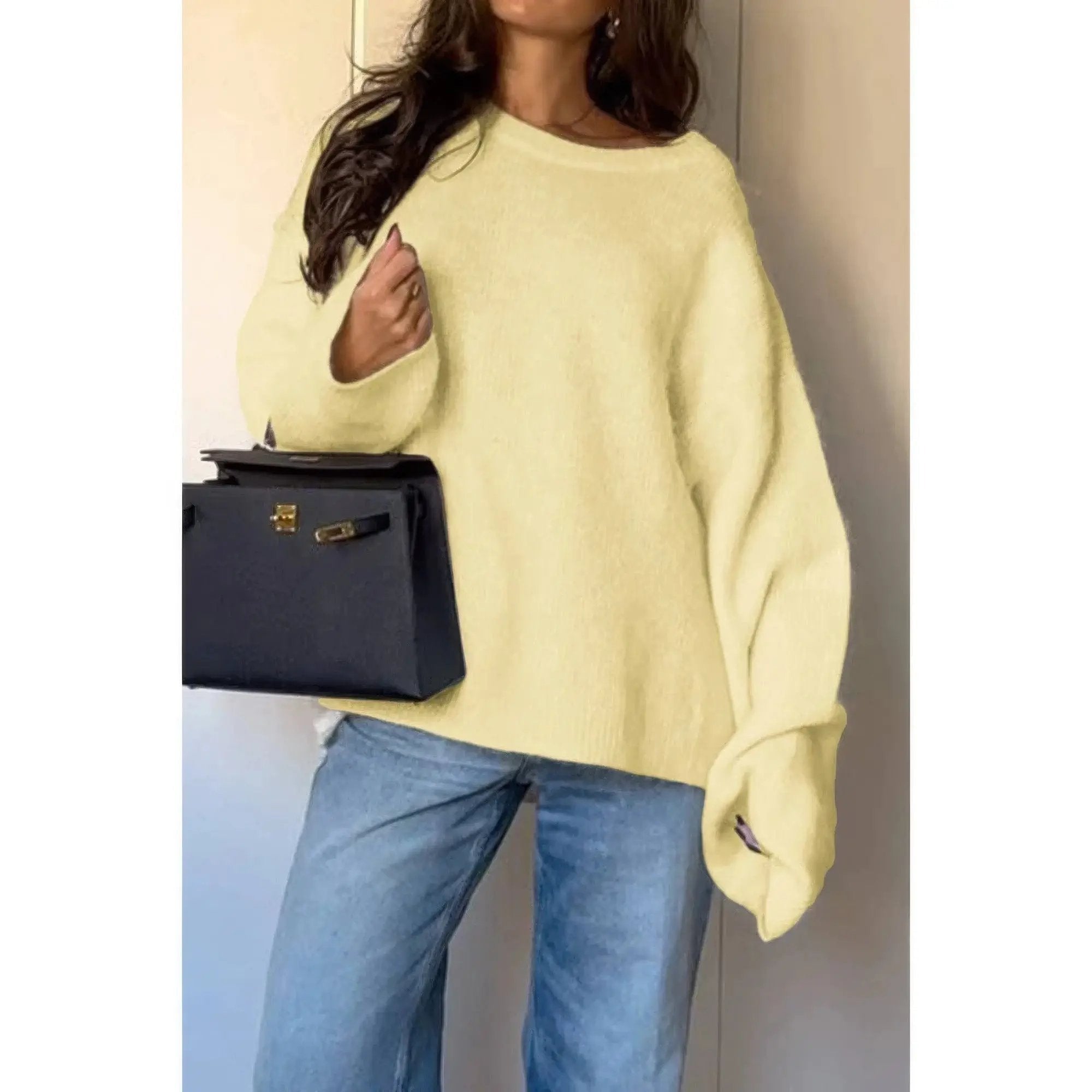 Solid Round Neck Long Sleeved Knit Loose Sweater - DressAffection