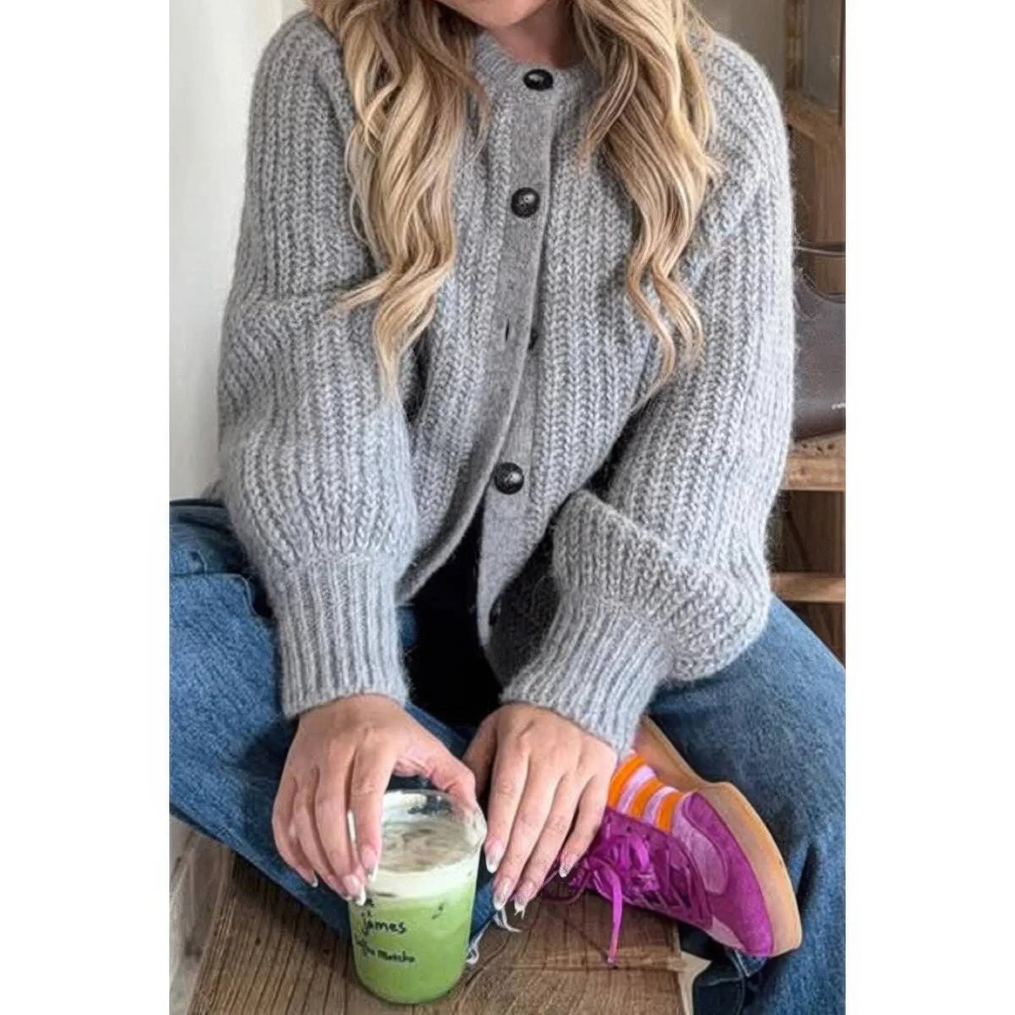 Solid Soft Knit Button Loose Cardigan - DressAffection