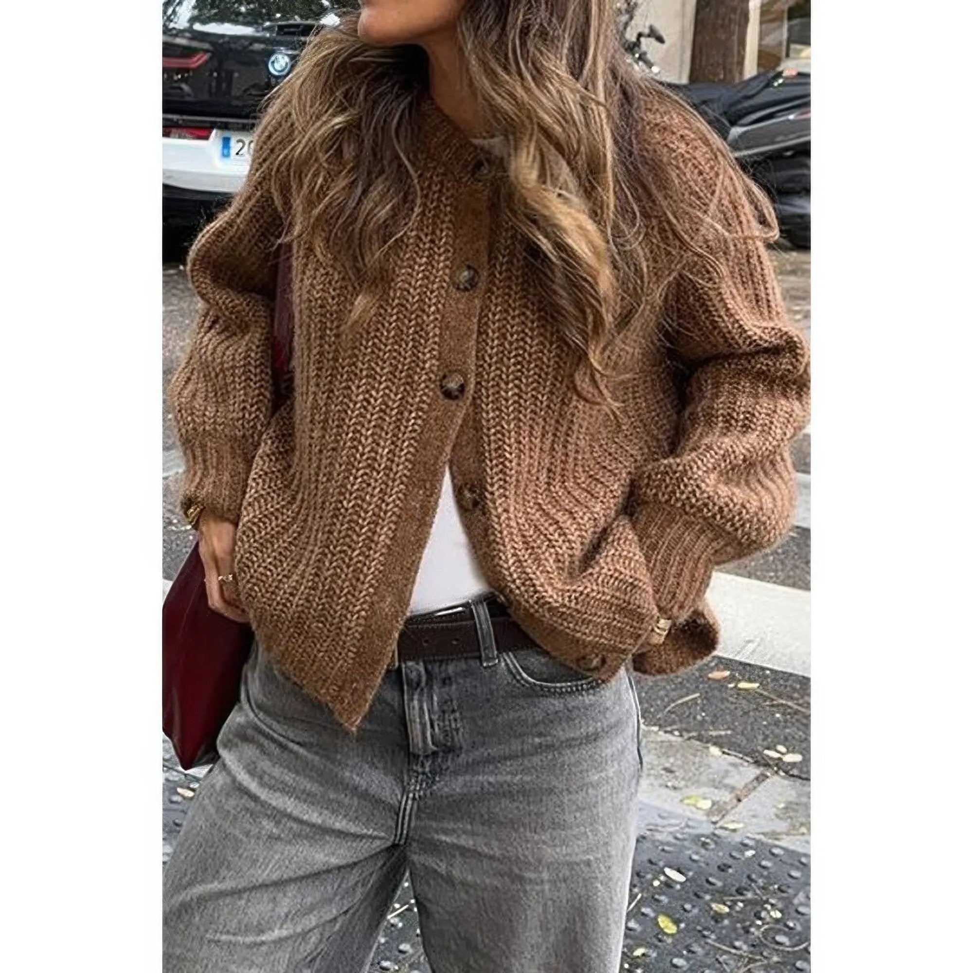 Solid Soft Knit Button Loose Cardigan - DressAffection