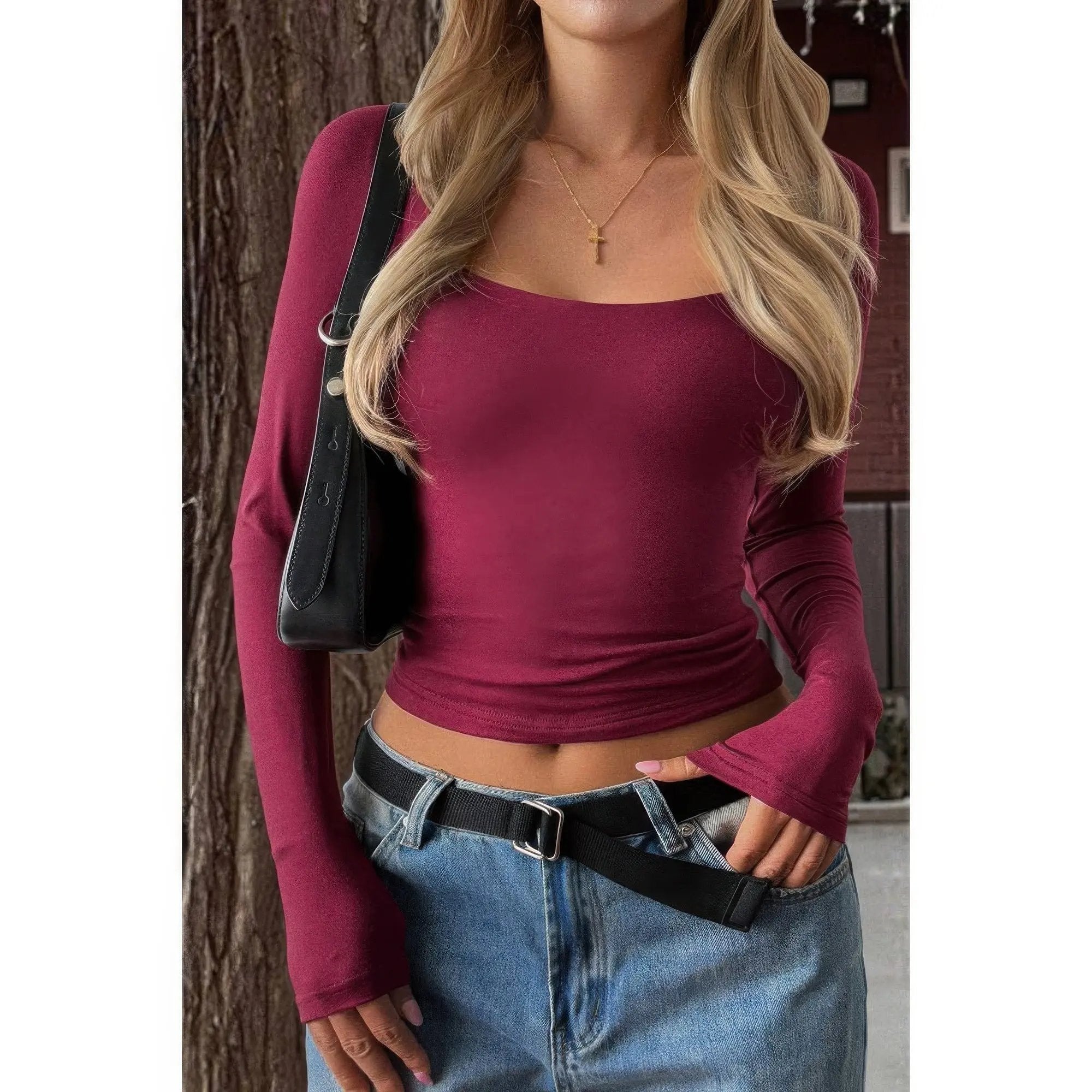 Solid Square Neck Long Sleeve Crop Top - DressAffection
