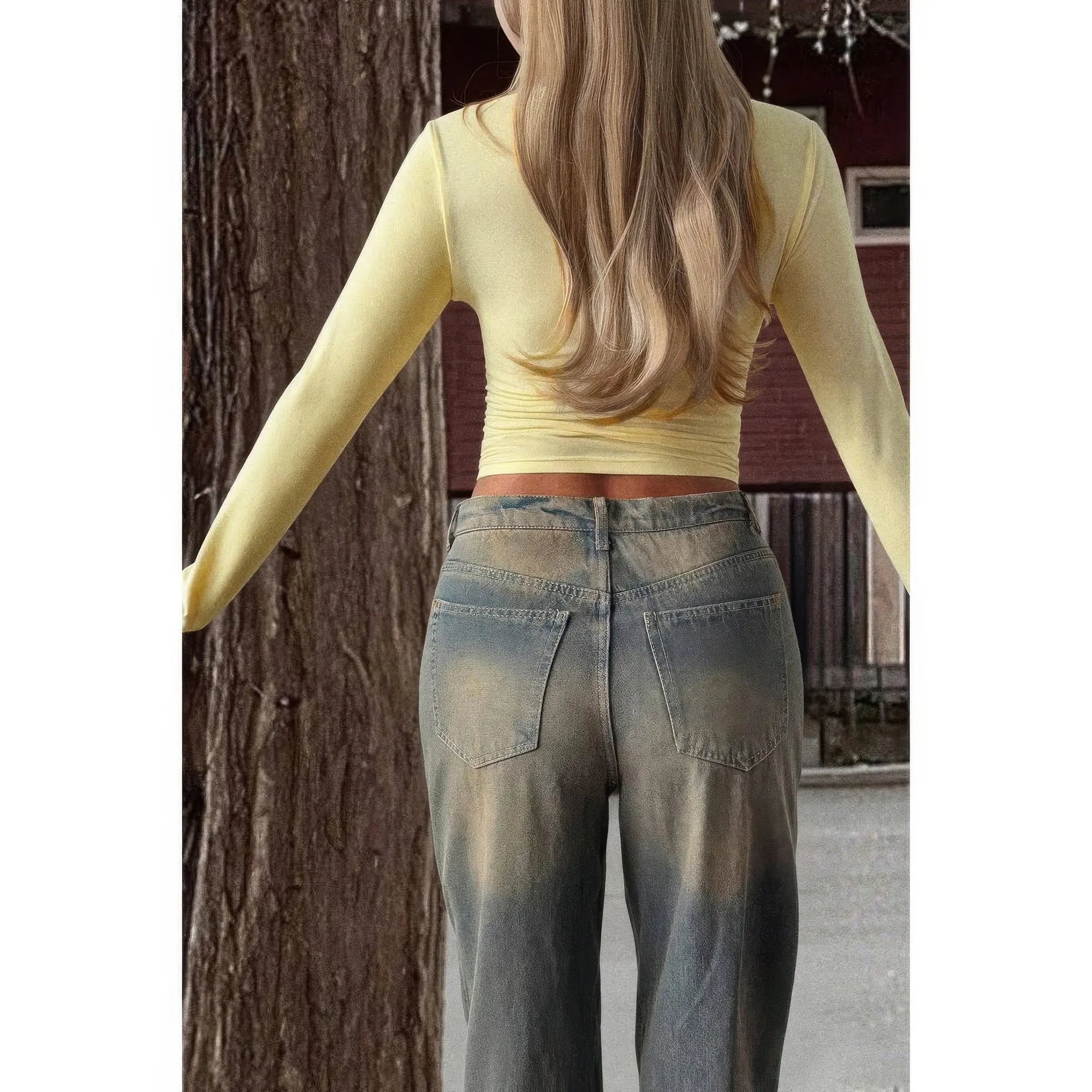 Solid Square Neck Long Sleeve Crop Top - DressAffection