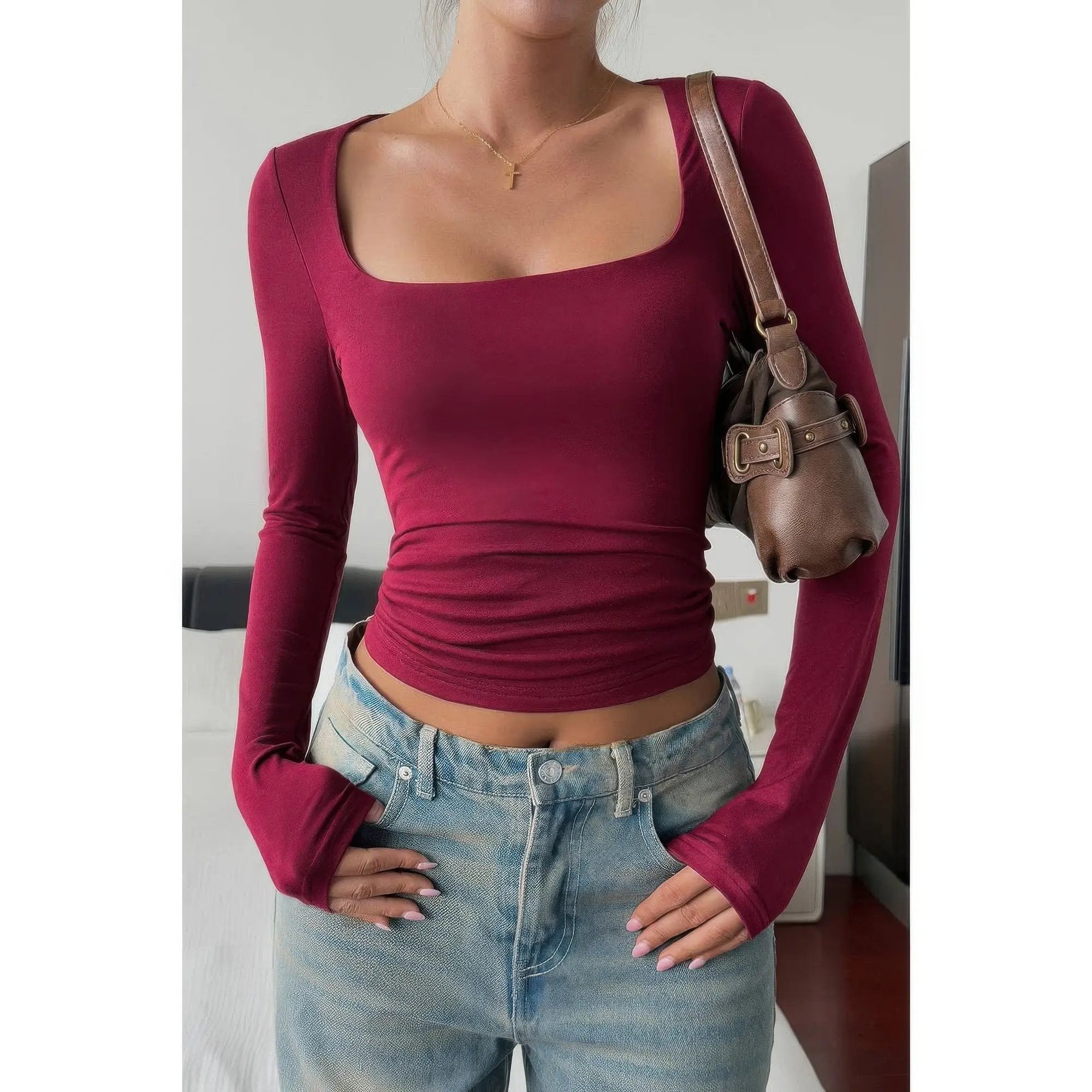 Solid Square Neck Long Sleeve Crop Top - DressAffection