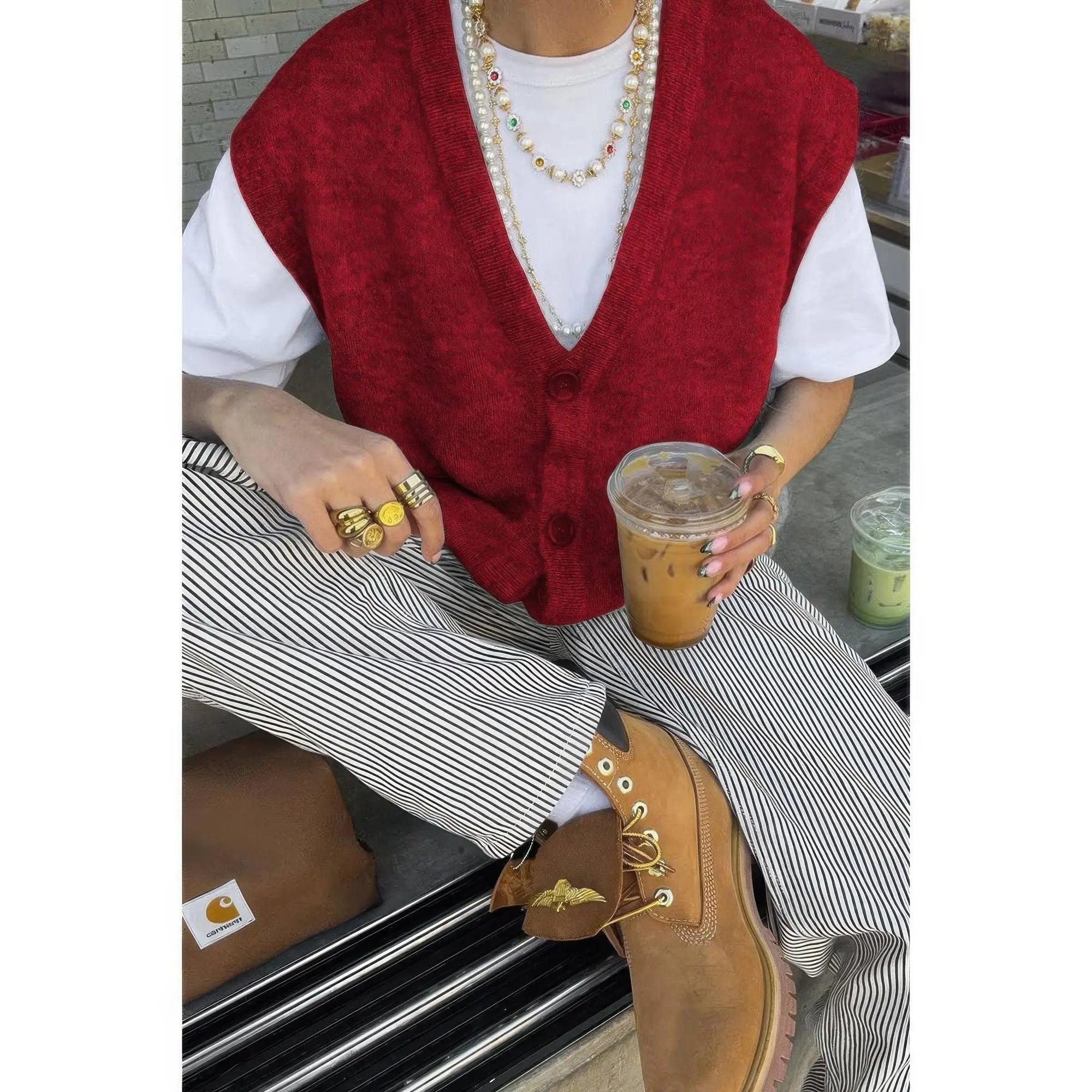 Solid V Neck Sleeveless Knitted Cardigan Vest - DressAffection