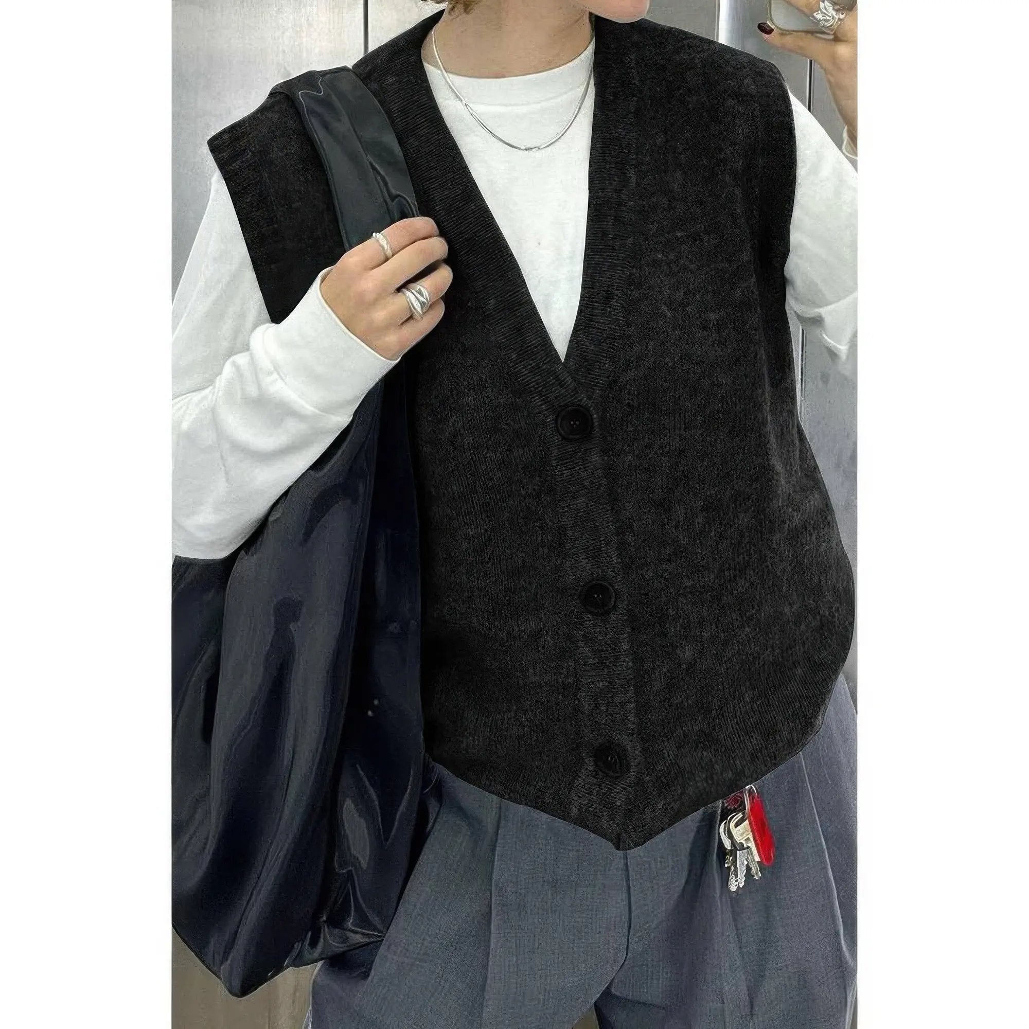Solid V Neck Sleeveless Knitted Cardigan Vest - DressAffection