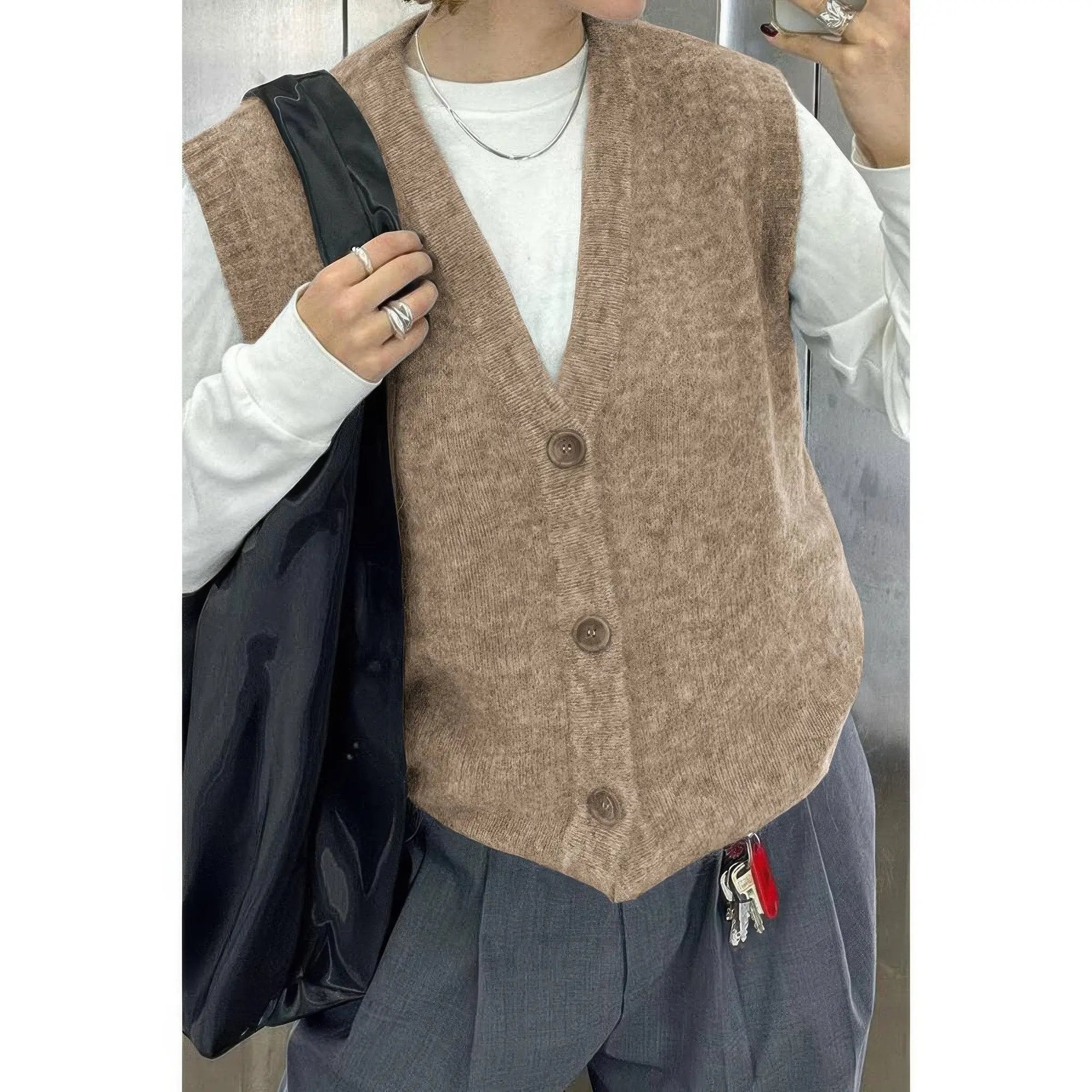 Solid V Neck Sleeveless Knitted Cardigan Vest - DressAffection