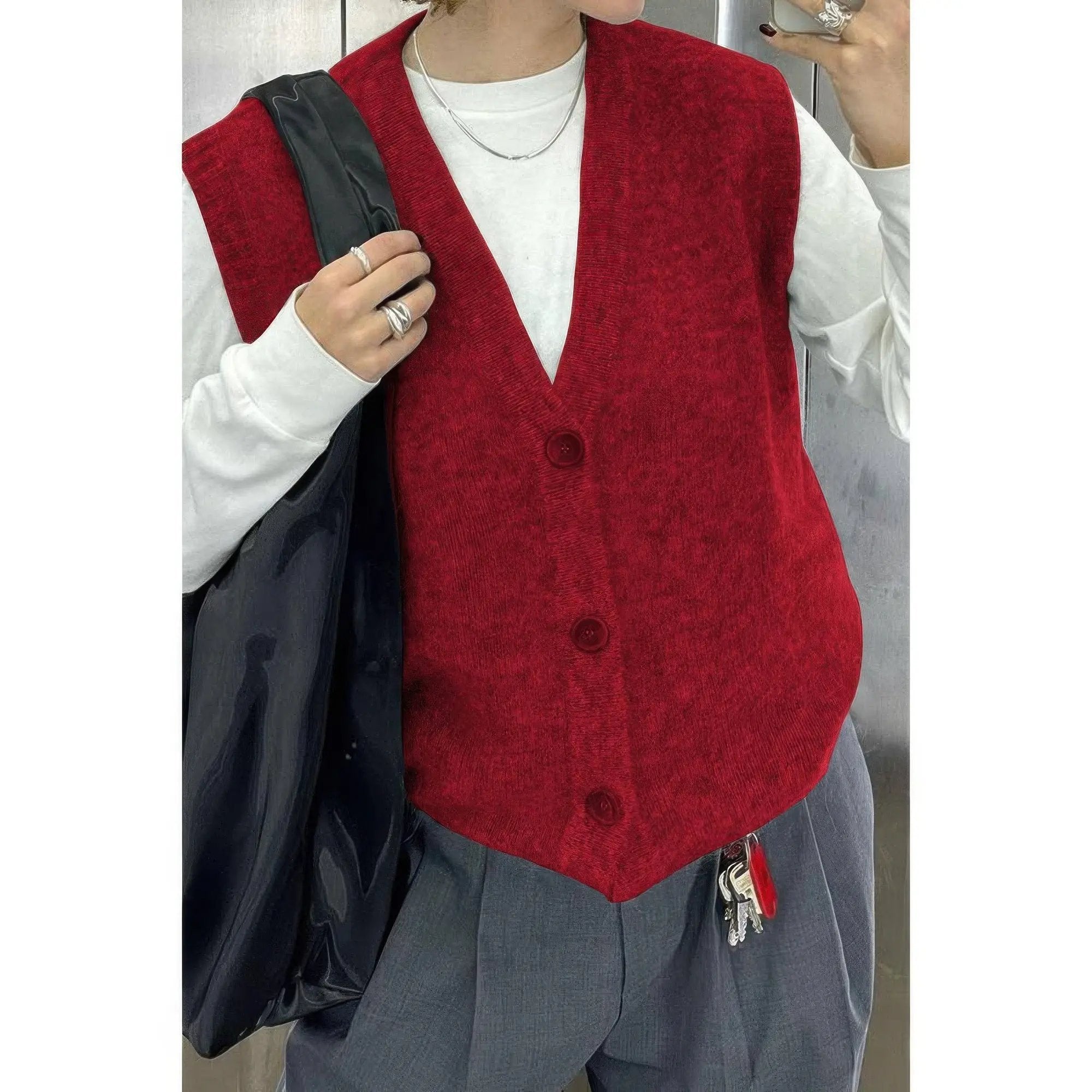Solid V Neck Sleeveless Knitted Cardigan Vest - DressAffection