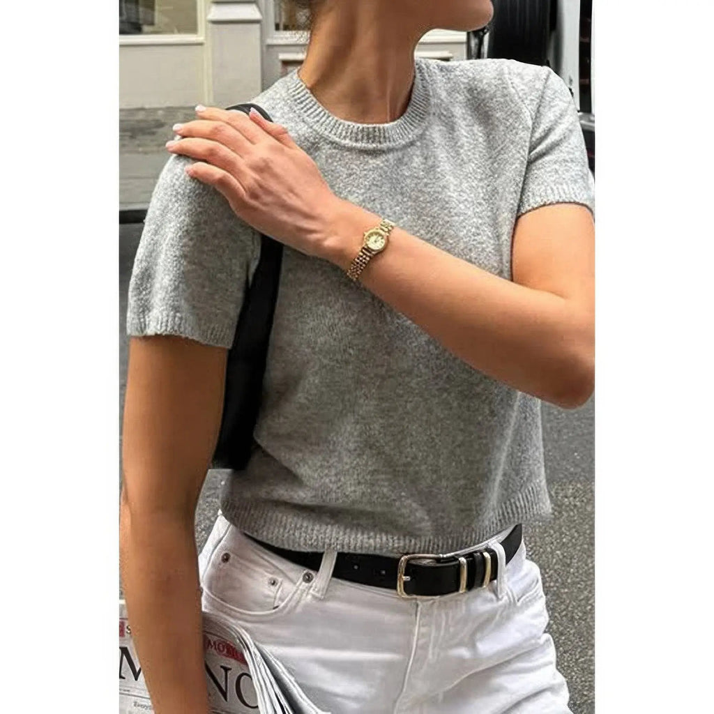 Solid Wool O Neck Knit Short Sleeve Shirt - DressAffection