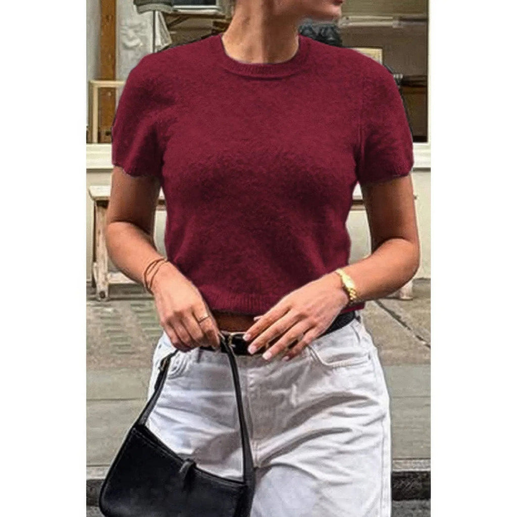 Solid Wool O Neck Knit Short Sleeve Shirt - DressAffection
