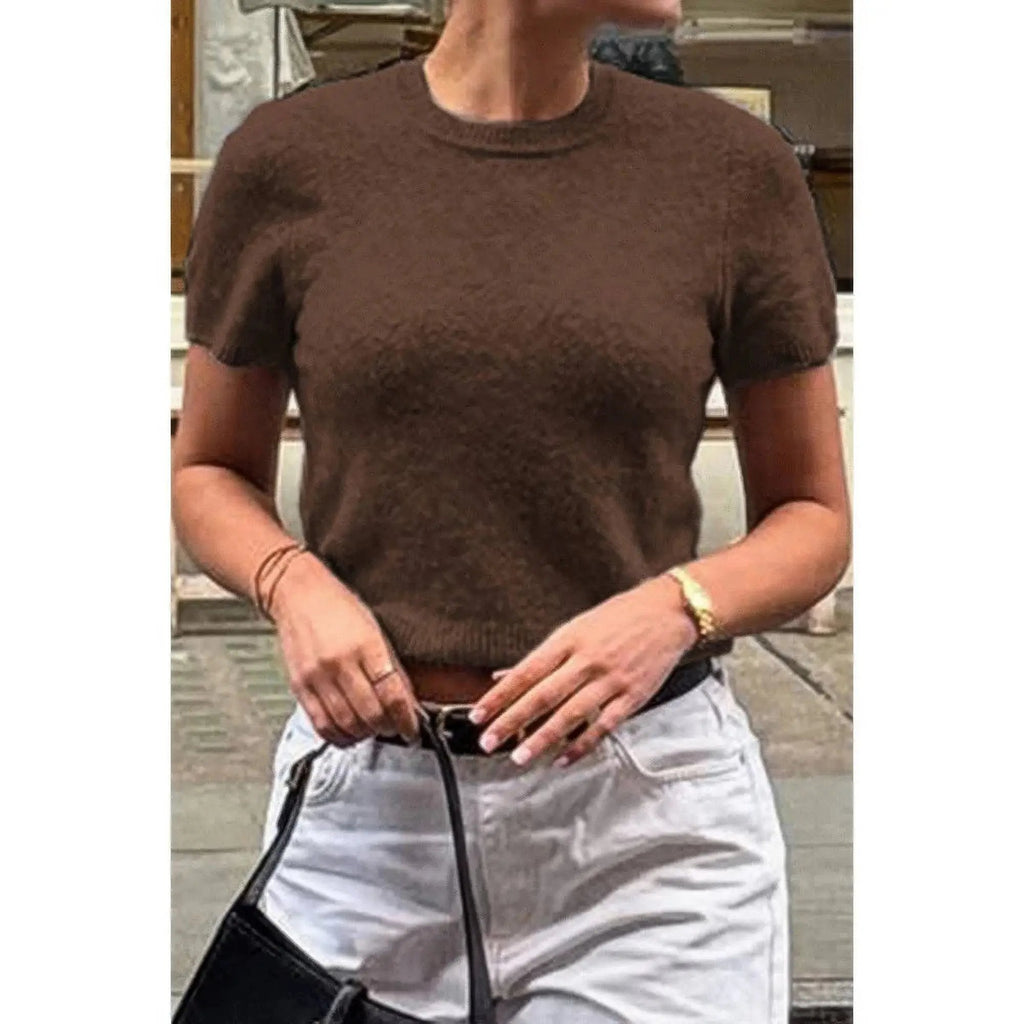 Solid Wool O Neck Knit Short Sleeve Shirt - DressAffection