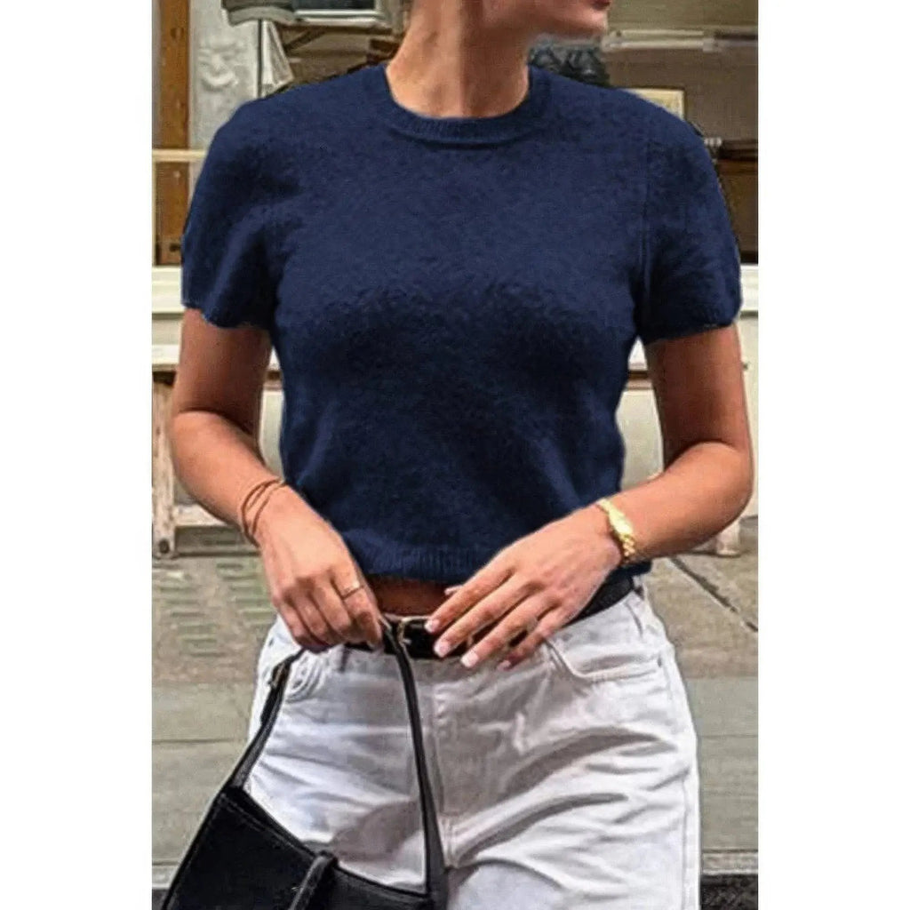 Solid Wool O Neck Knit Short Sleeve Shirt - DressAffection