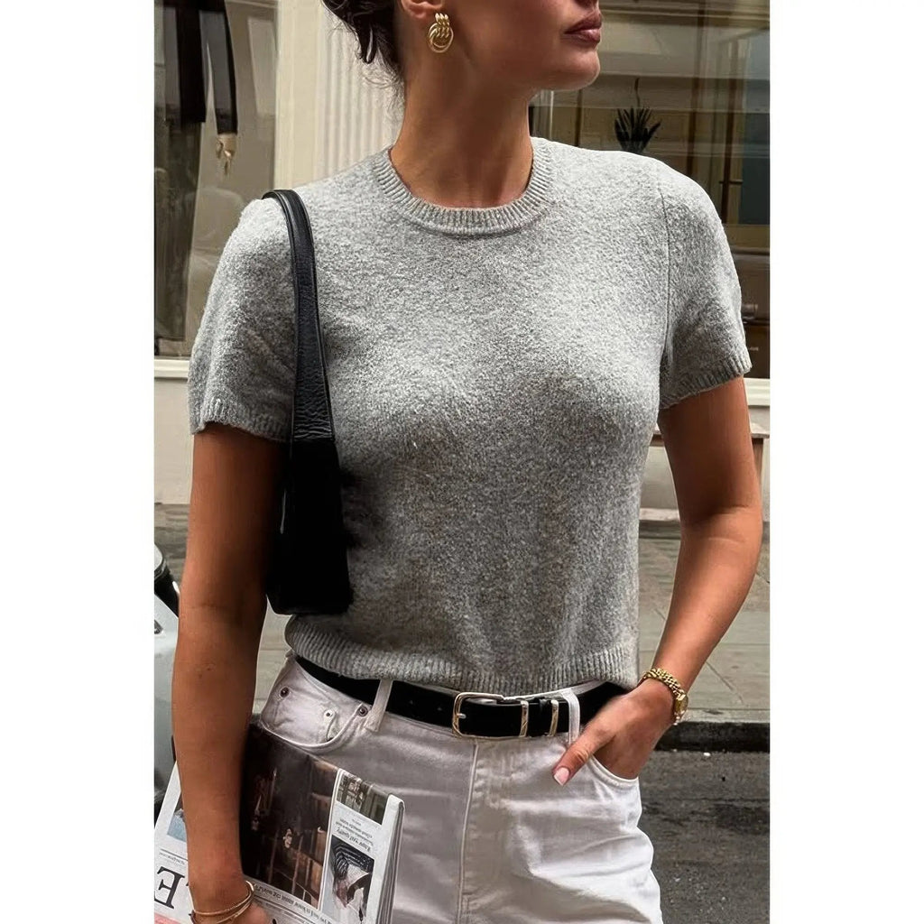 Solid Wool O Neck Knit Short Sleeve Shirt - DressAffection