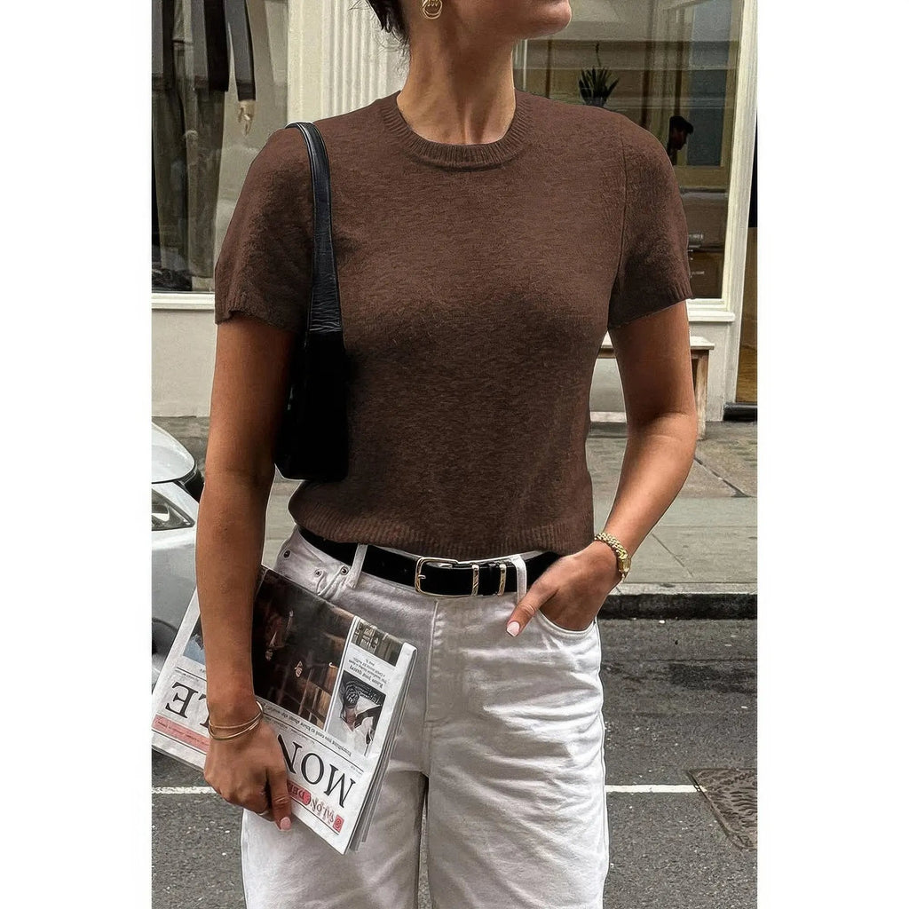 Solid Wool O Neck Knit Short Sleeve Shirt - DressAffection