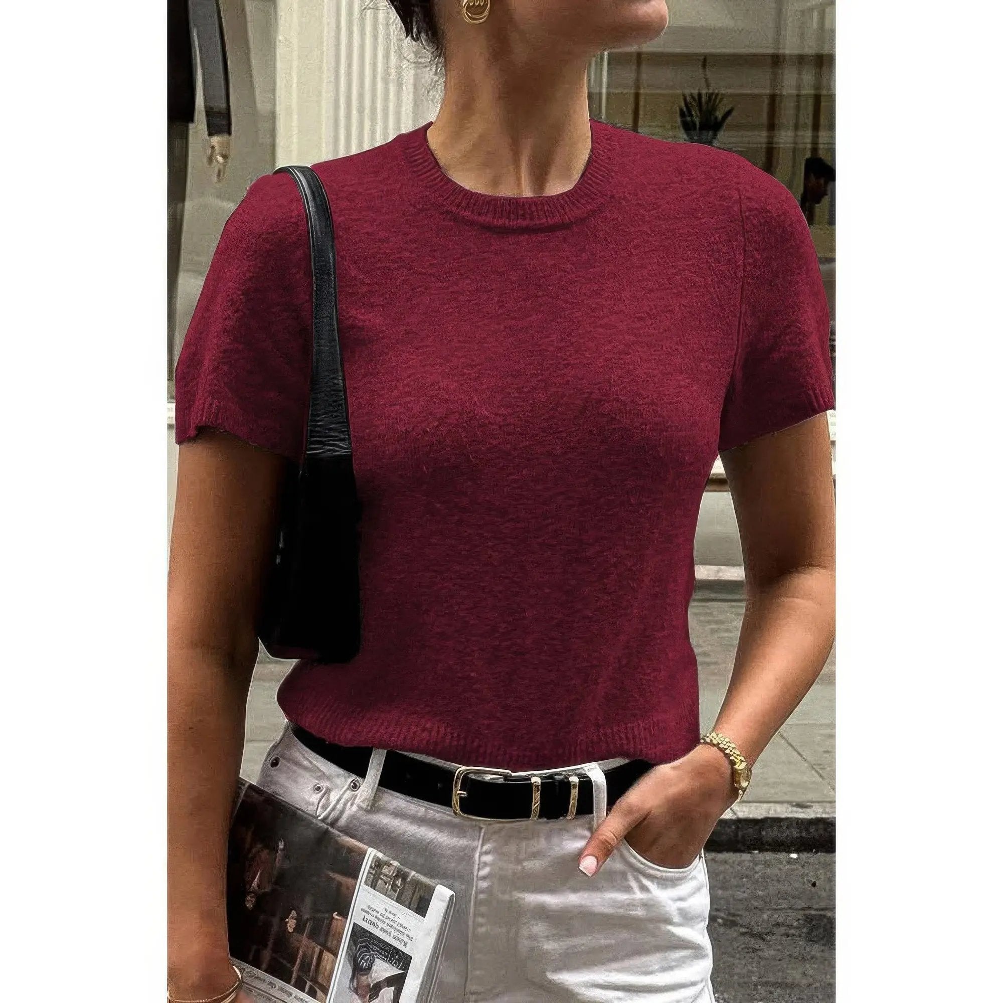 Solid Wool O Neck Knit Short Sleeve Shirt - DressAffection