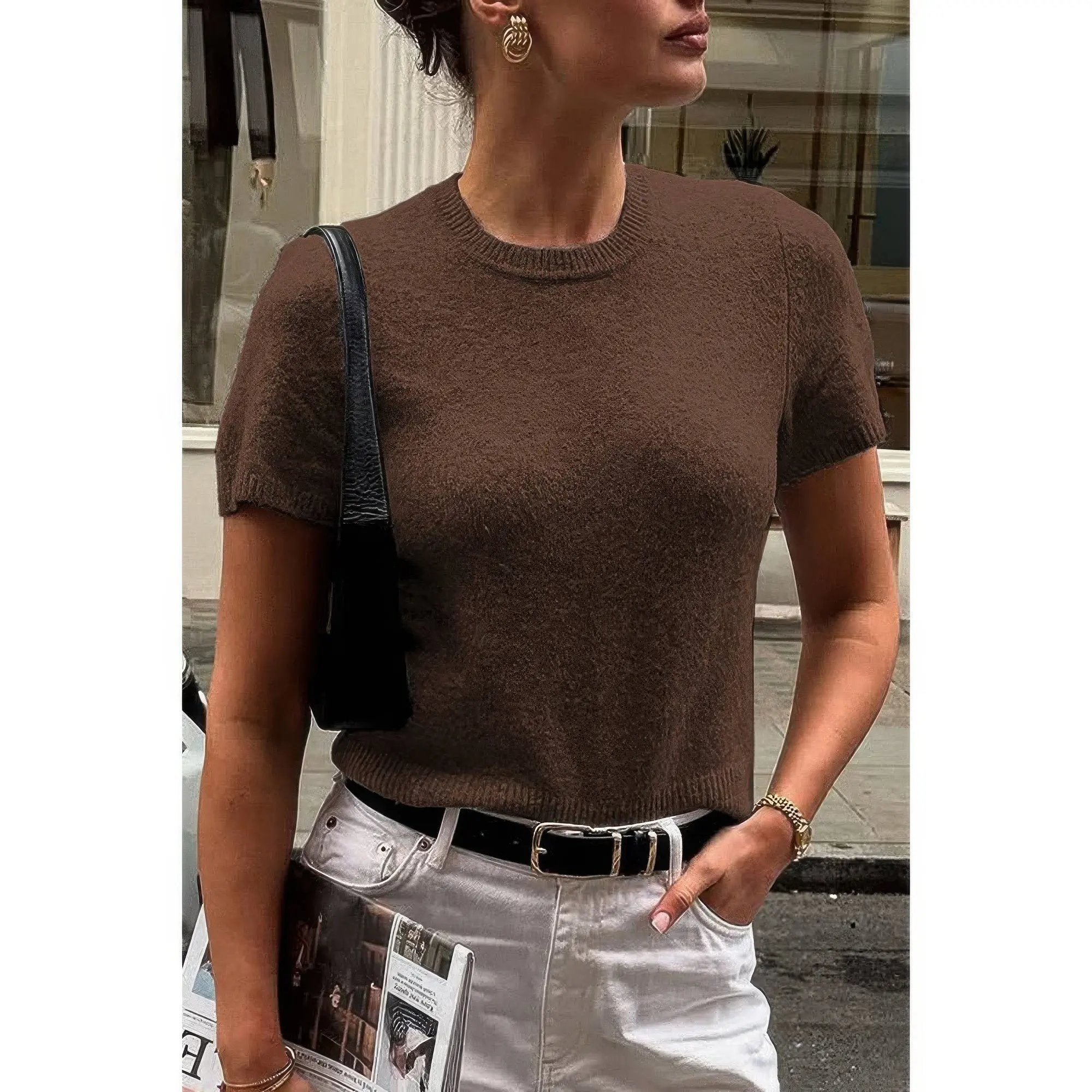 Solid Wool O Neck Knit Short Sleeve Shirt - DressAffection