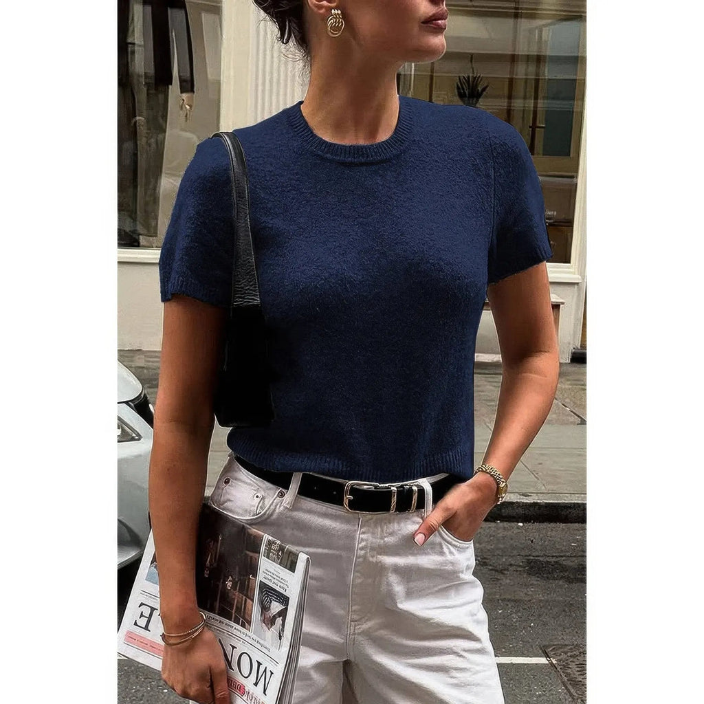 Solid Wool O Neck Knit Short Sleeve Shirt - DressAffection