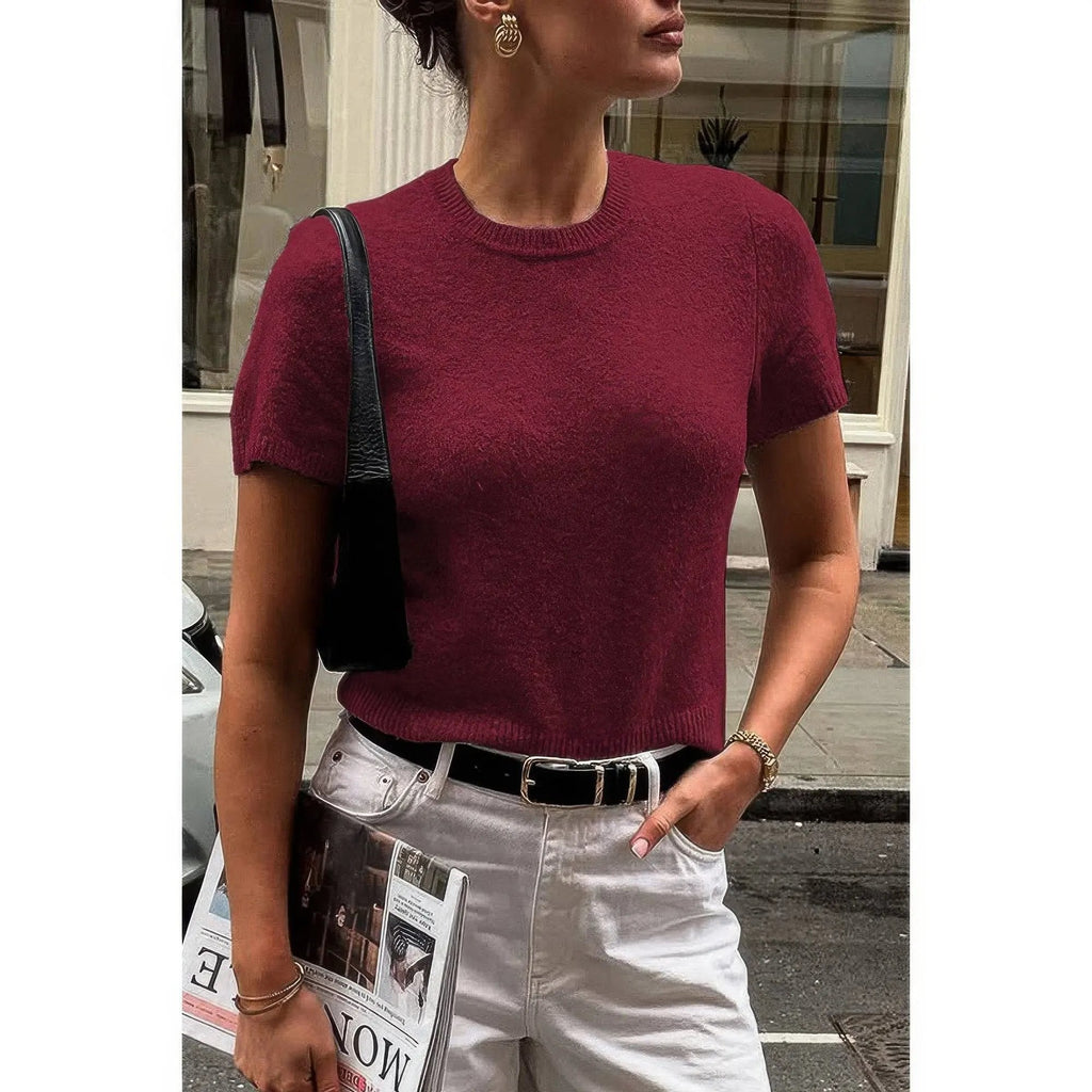 Solid Wool O Neck Knit Short Sleeve Shirt - DressAffection