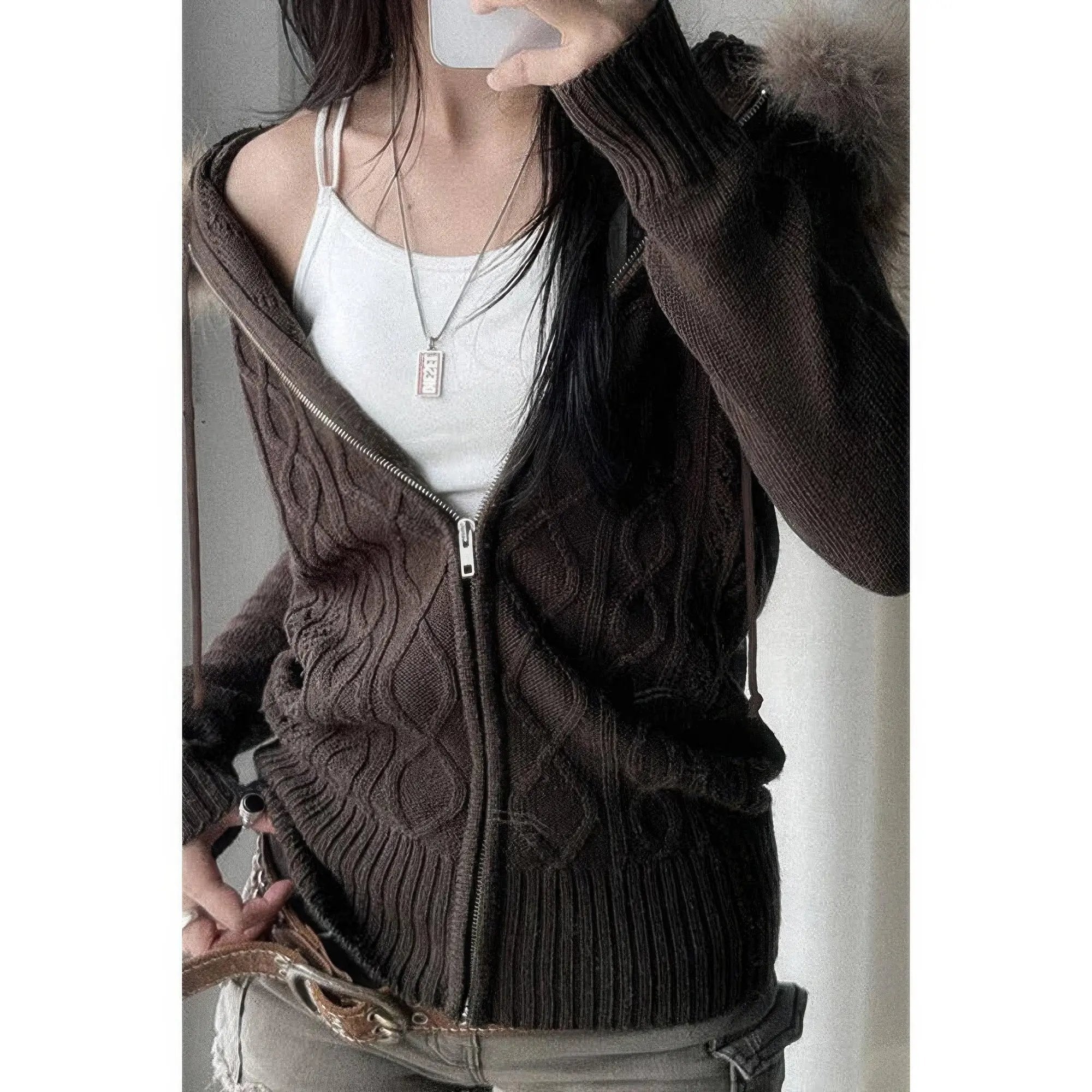 Solid Zipper Twist And Fur Stitching Jacket - DressAffection