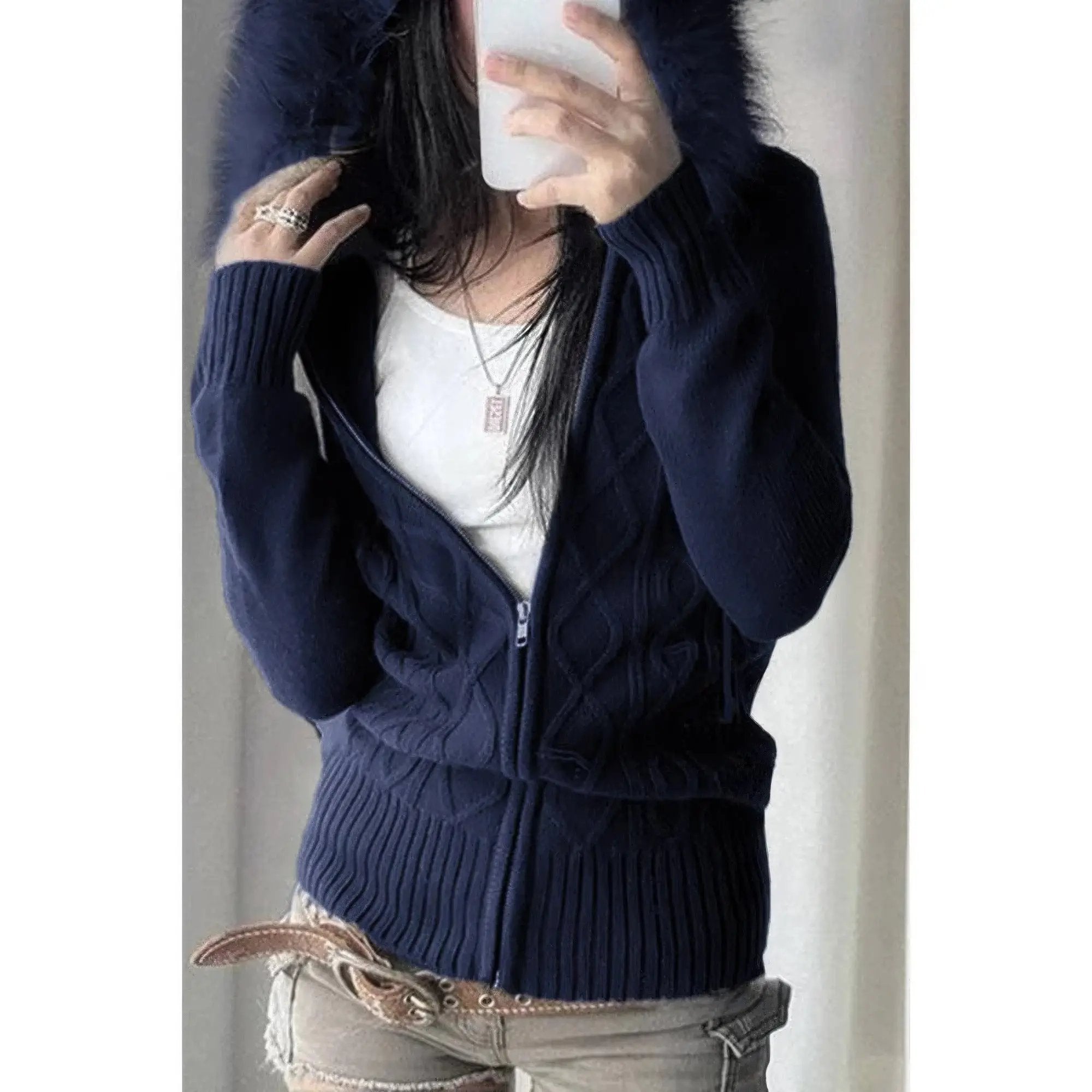 Solid Zipper Twist And Fur Stitching Jacket - DressAffection