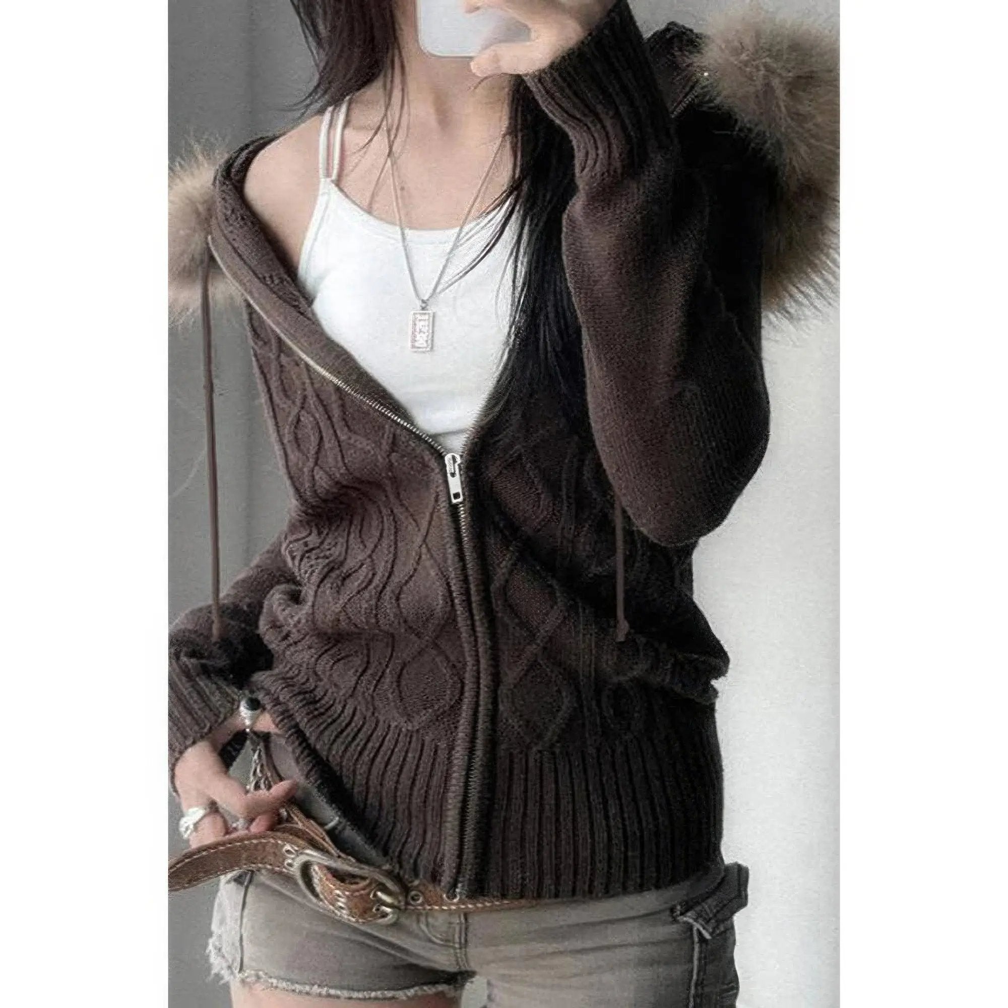 Solid Zipper Twist And Fur Stitching Jacket - DressAffection