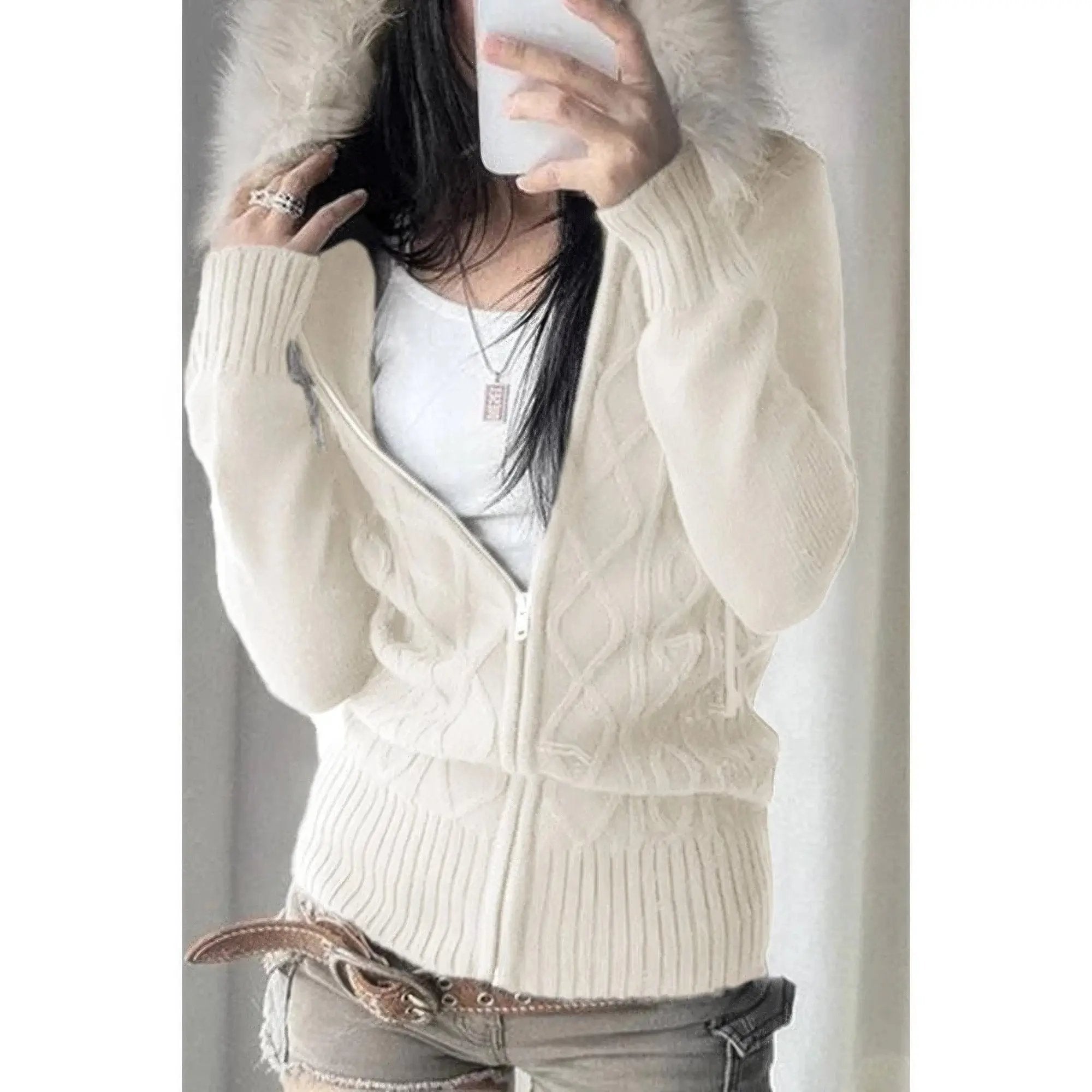Solid Zipper Twist And Fur Stitching Jacket - DressAffection