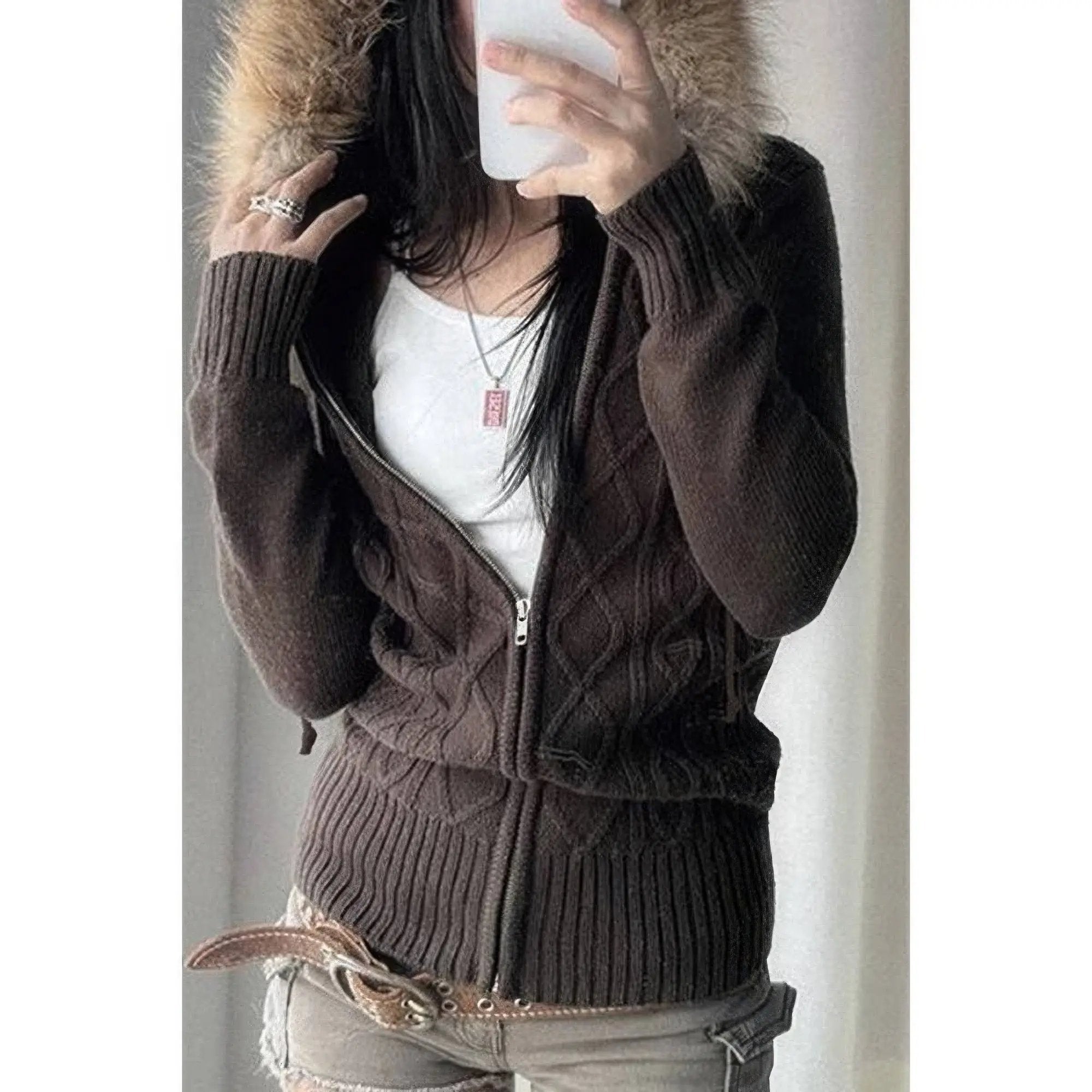 Solid Zipper Twist And Fur Stitching Jacket - DressAffection