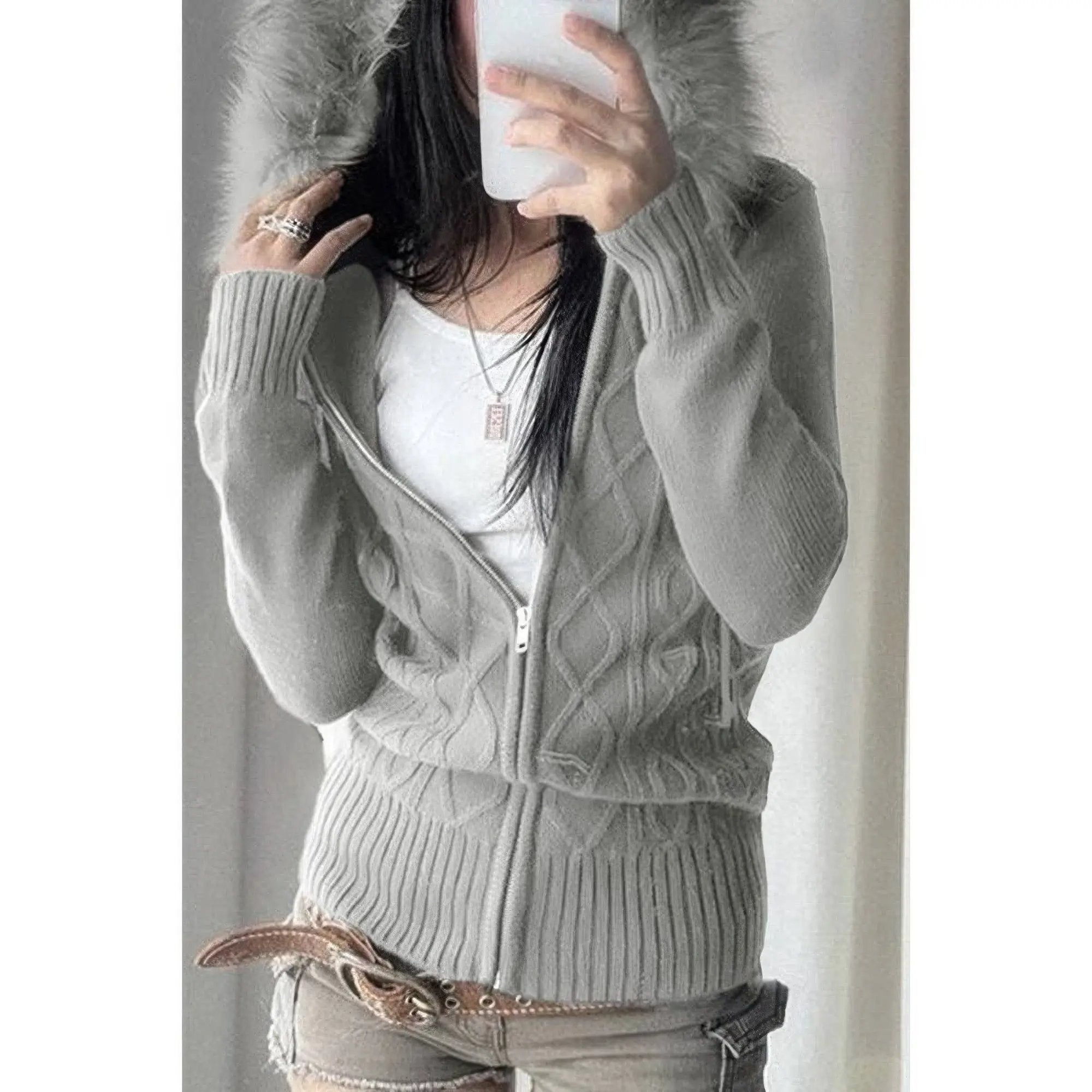 Solid Zipper Twist And Fur Stitching Jacket - DressAffection