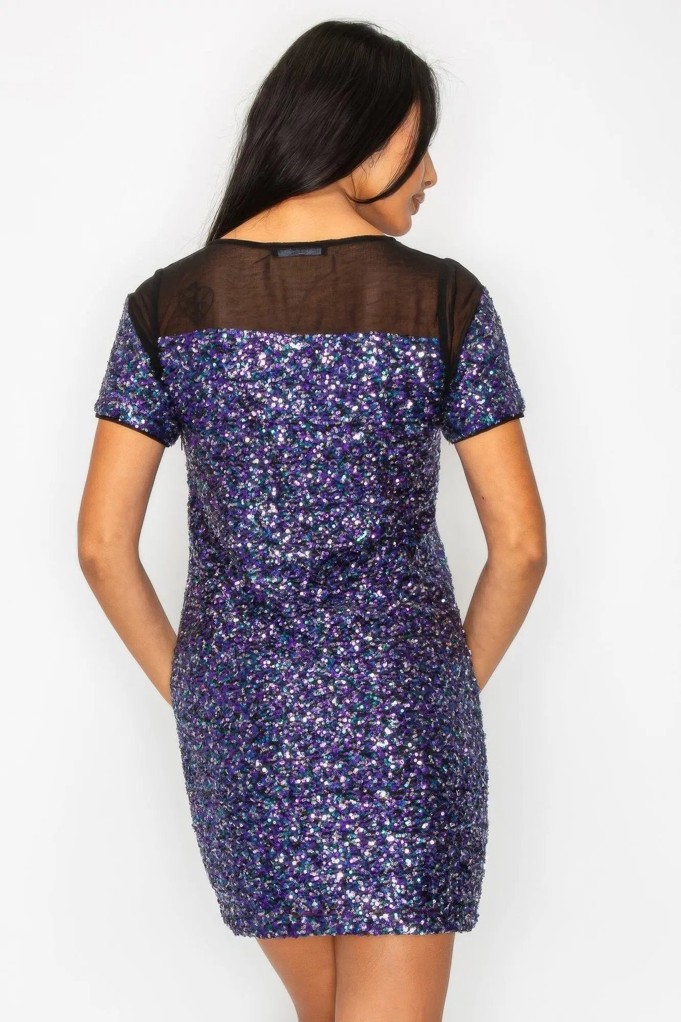 Sparkle Sequins & Mesh Cap Sleeve Mini Dress - DressAffection