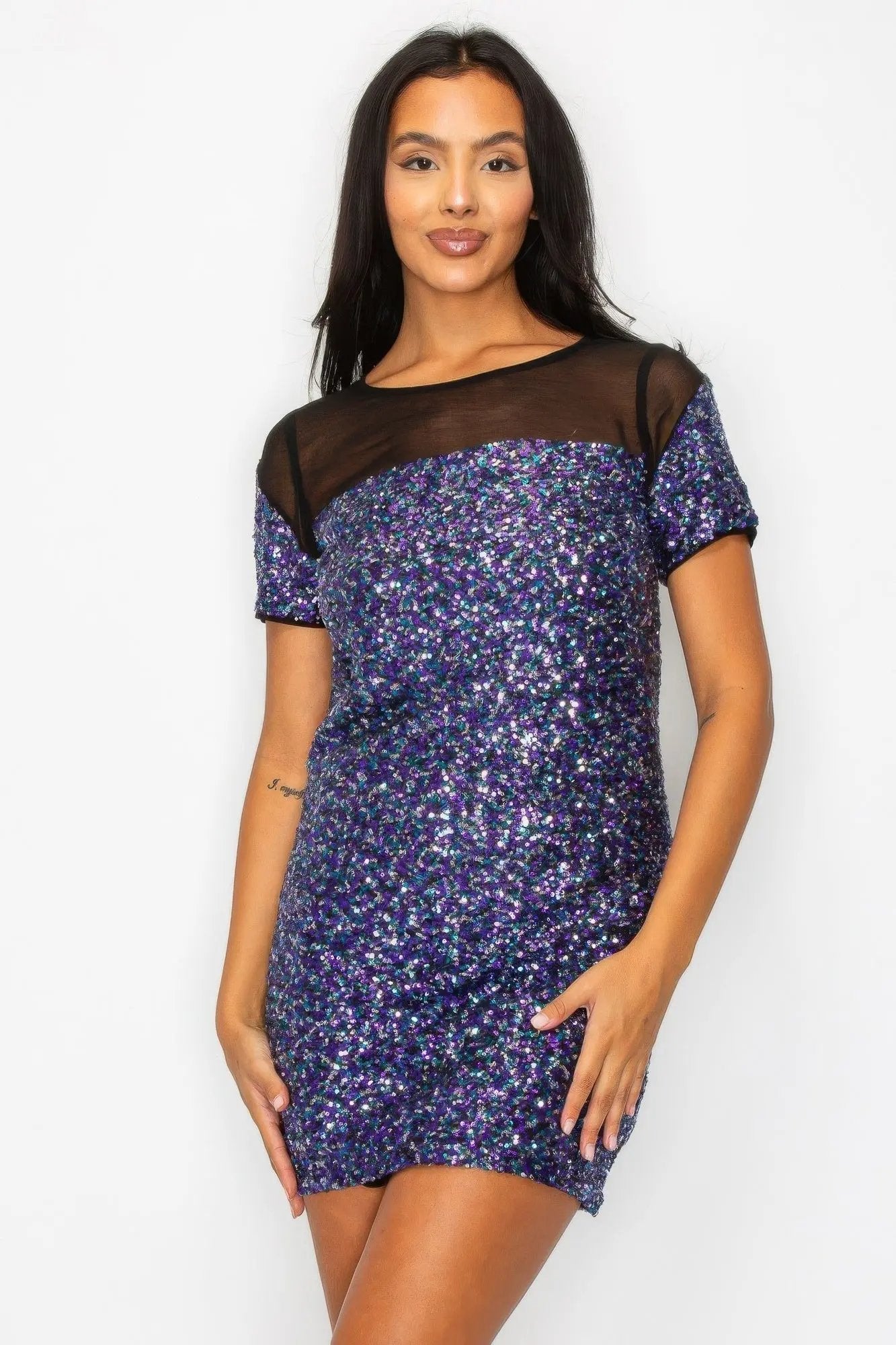 Sparkle Sequins & Mesh Cap Sleeve Mini Dress - DressAffection