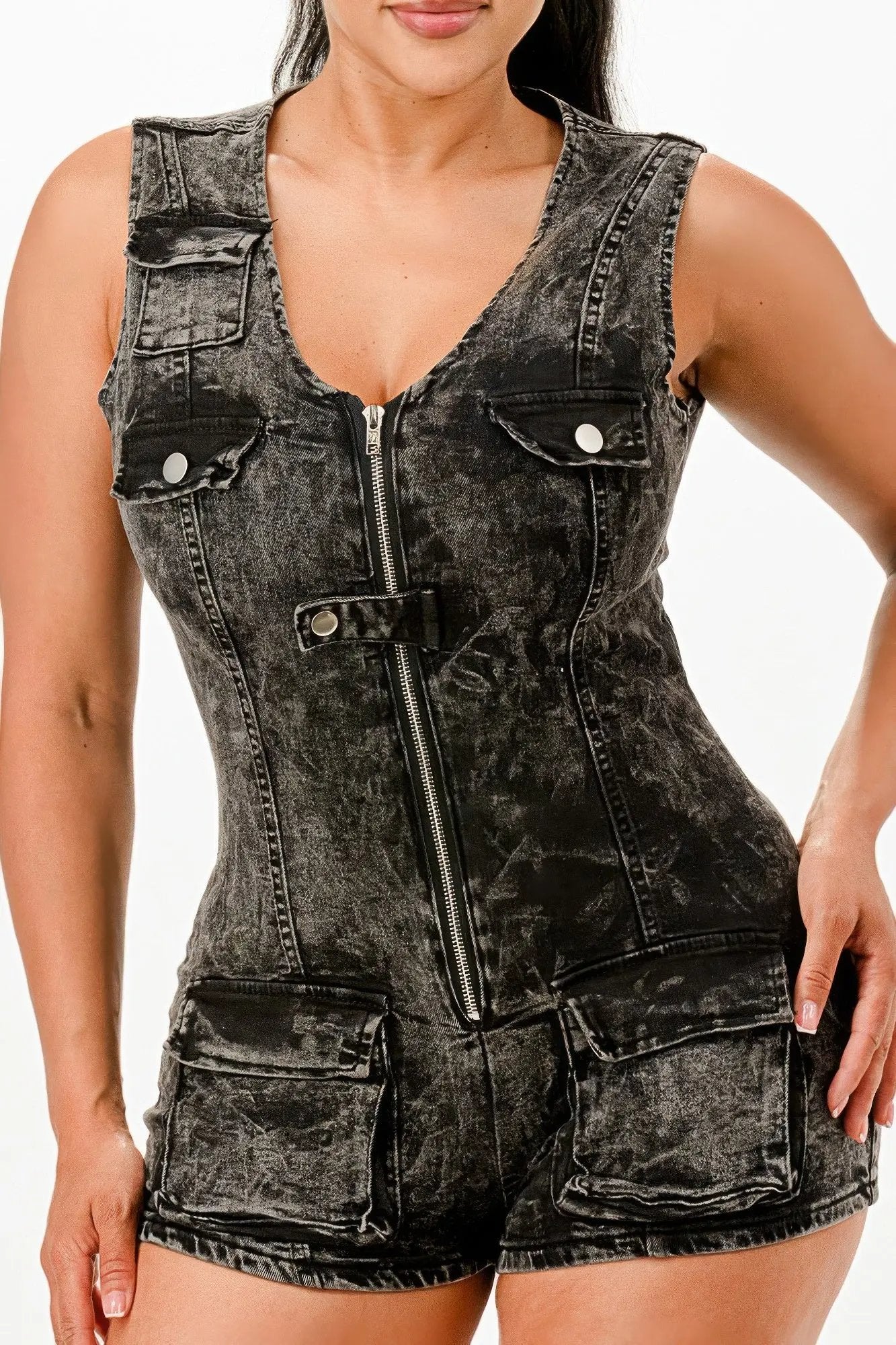 Strachy Denim Romper - DressAffection