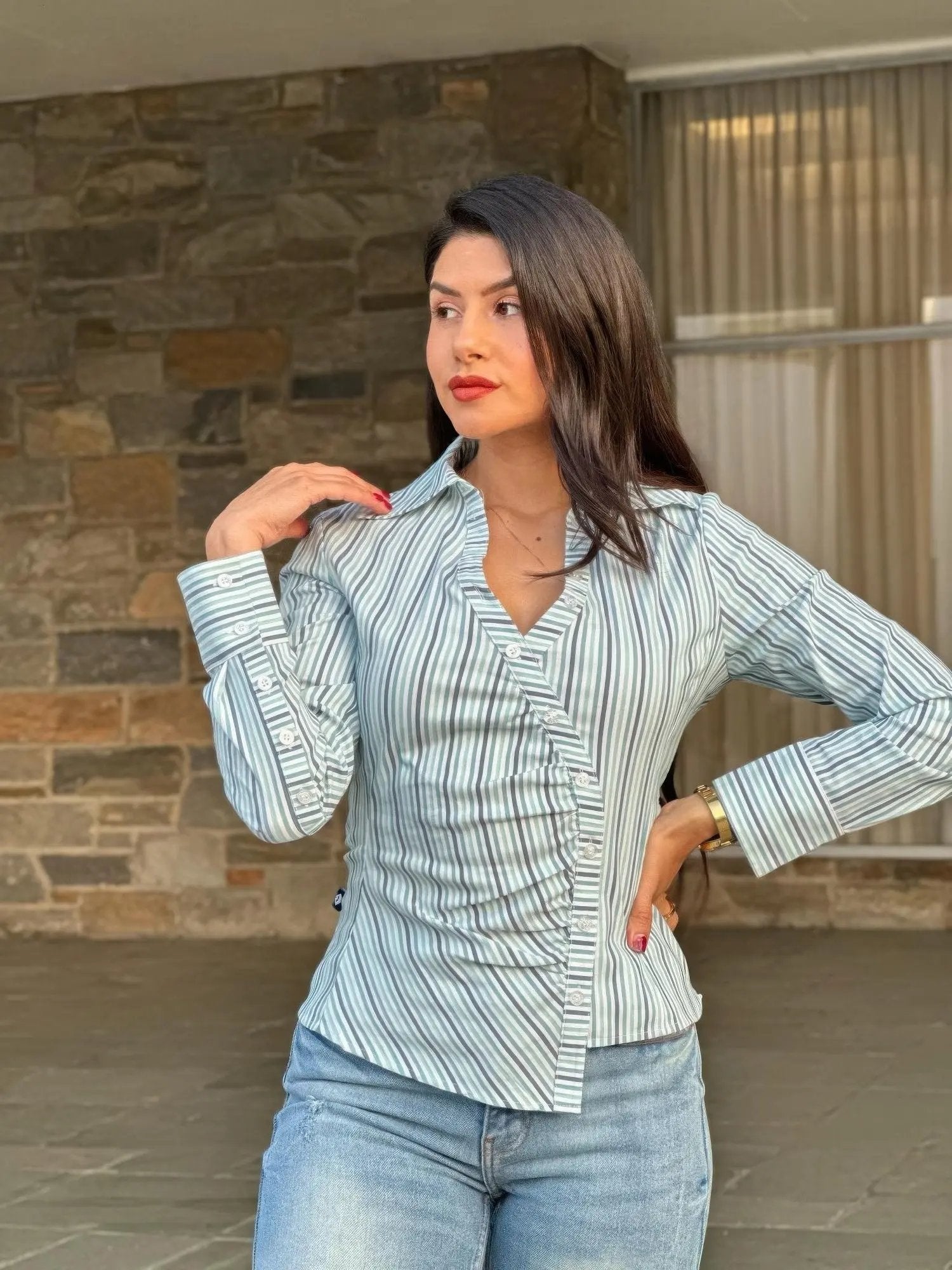 Stripe Asymmetric Button-down Detail Ls Blouse - DressAffection