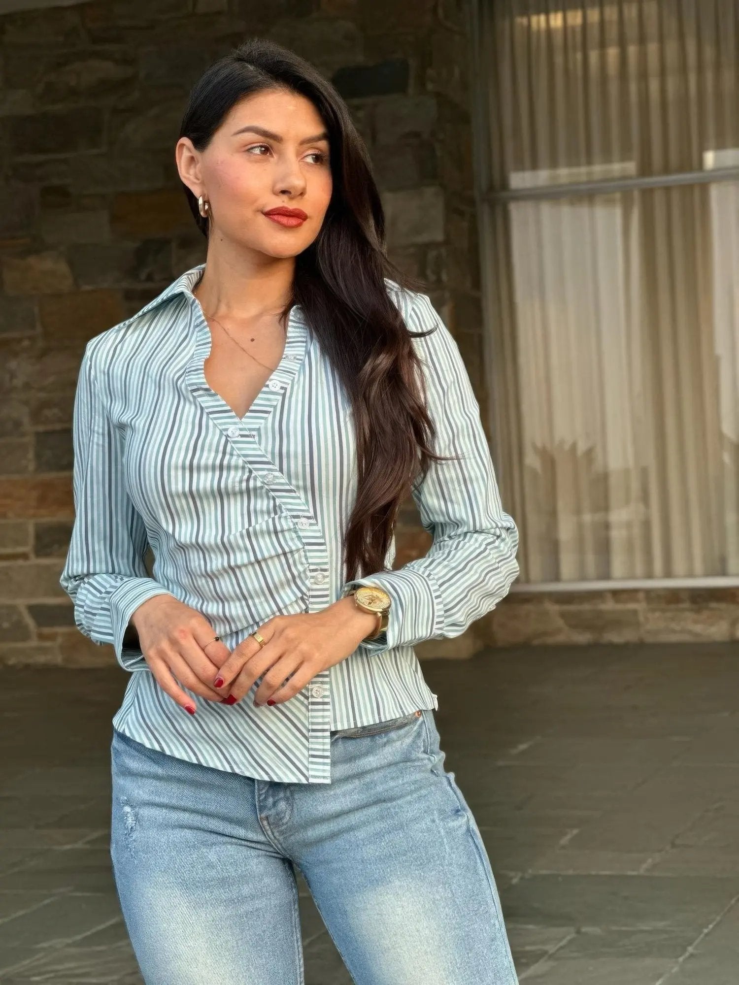 Stripe Asymmetric Button-down Detail Ls Blouse - DressAffection