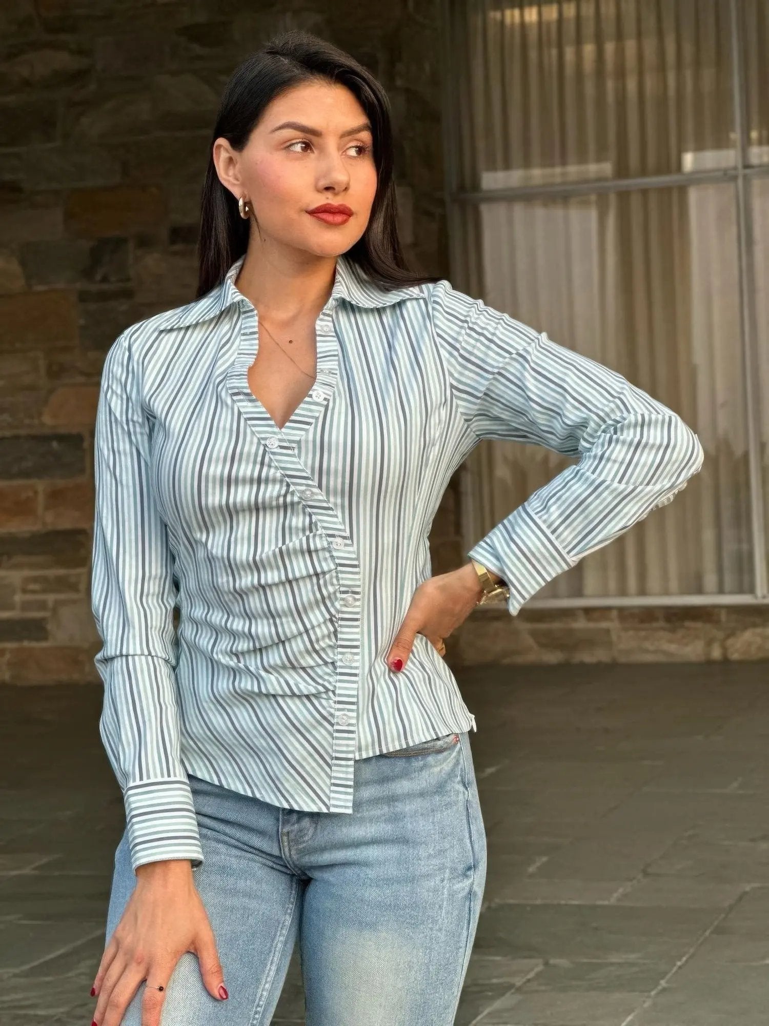 Stripe Asymmetric Button-down Detail Ls Blouse - DressAffection