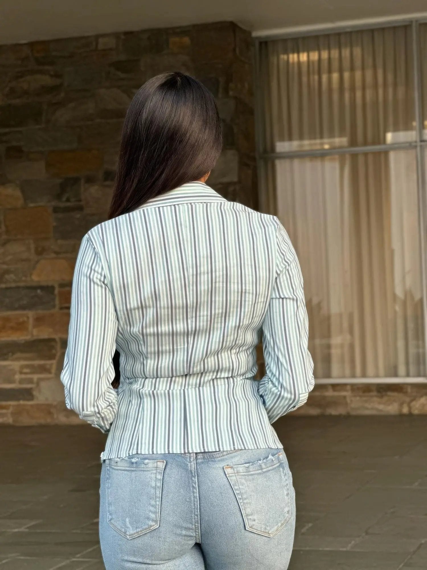 Stripe Asymmetric Button-down Detail Ls Blouse - DressAffection