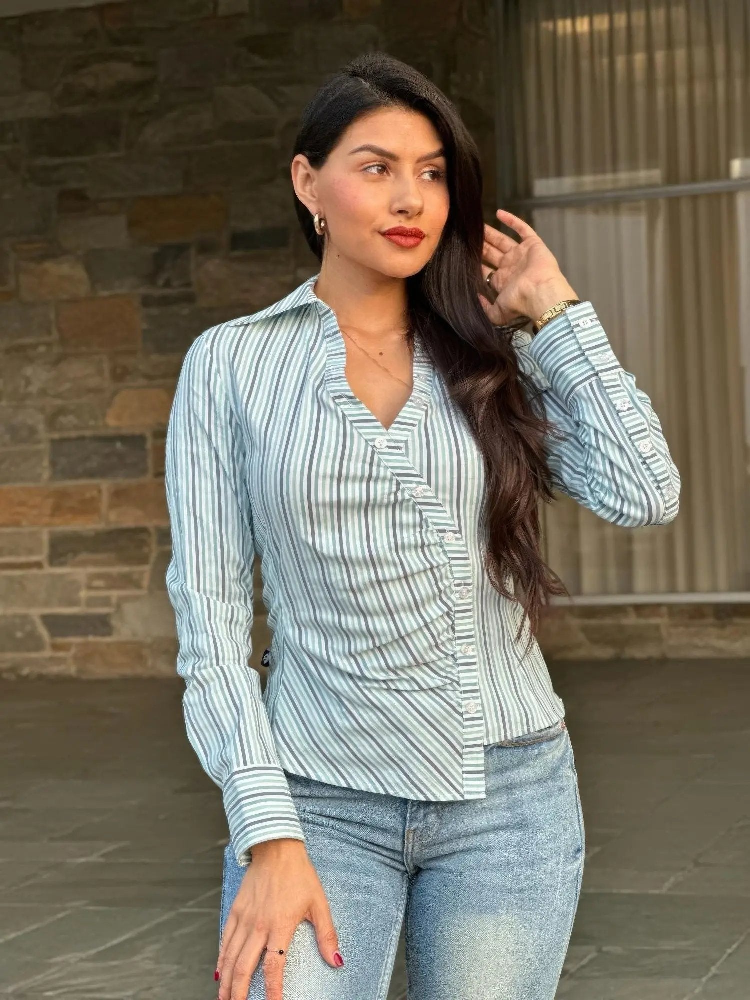 Stripe Asymmetric Button-down Detail Ls Blouse - DressAffection