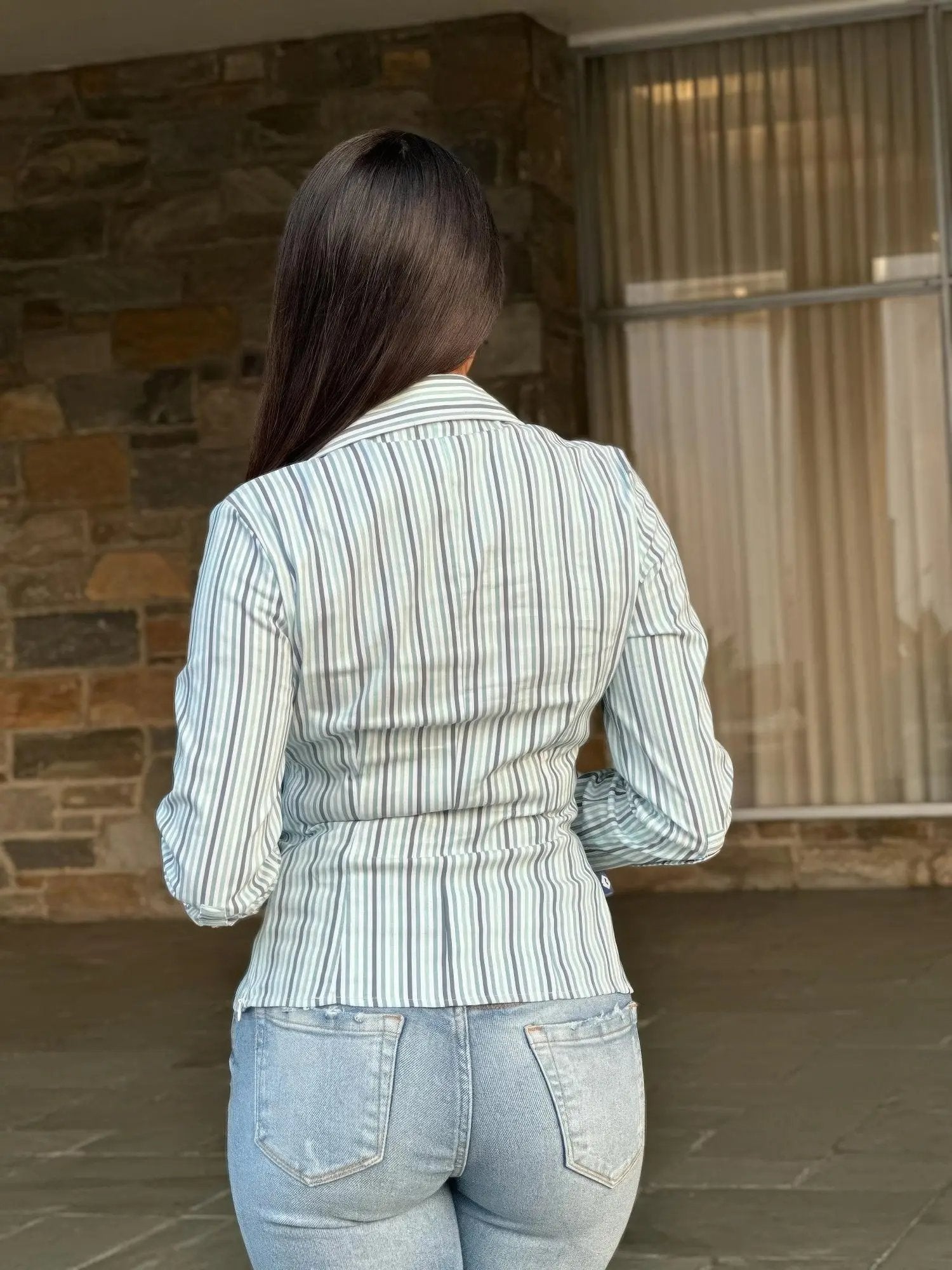 Stripe Asymmetric Button-down Detail Ls Blouse - DressAffection