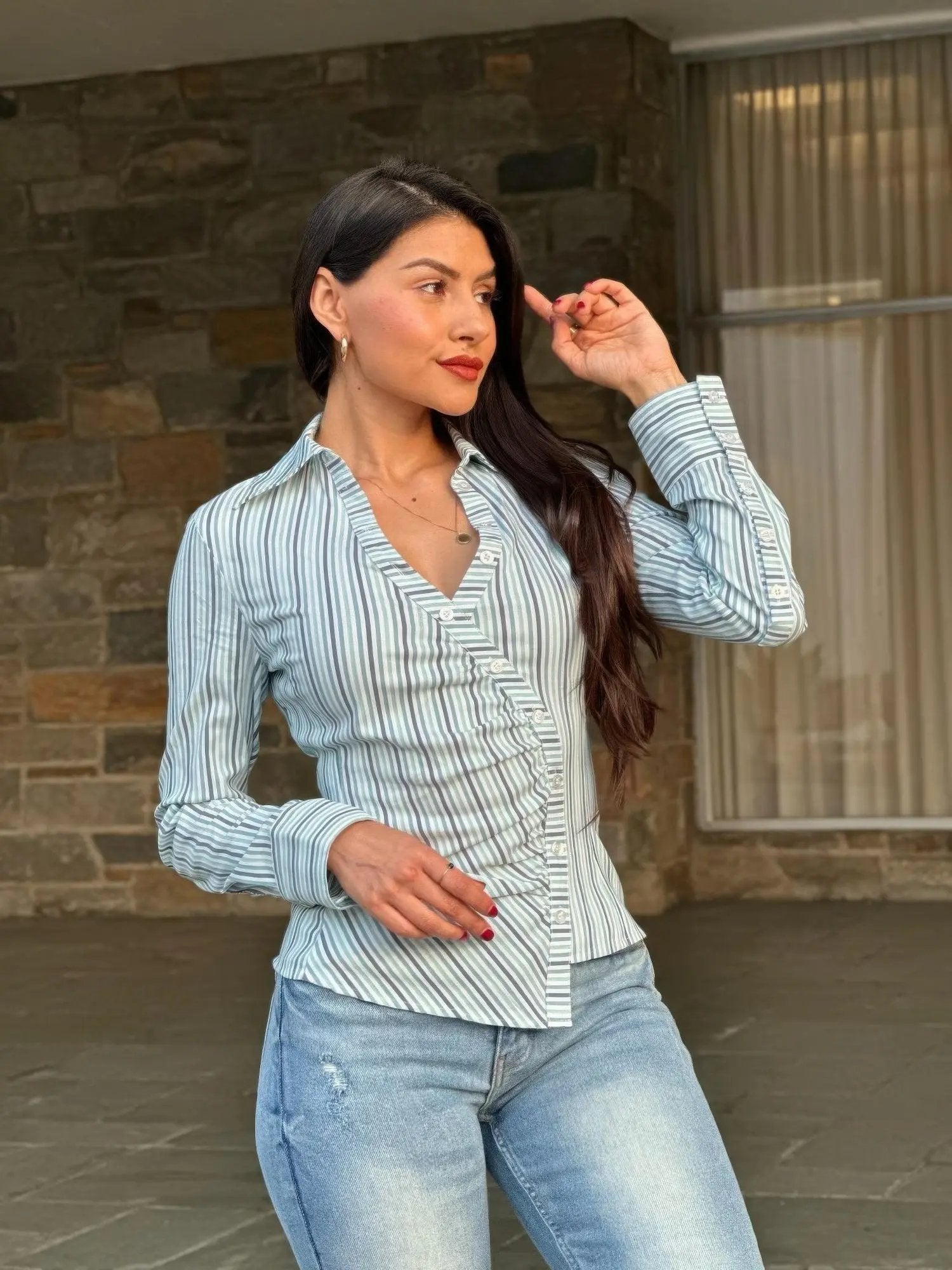 Stripe Asymmetric Button-down Detail Ls Blouse - DressAffection