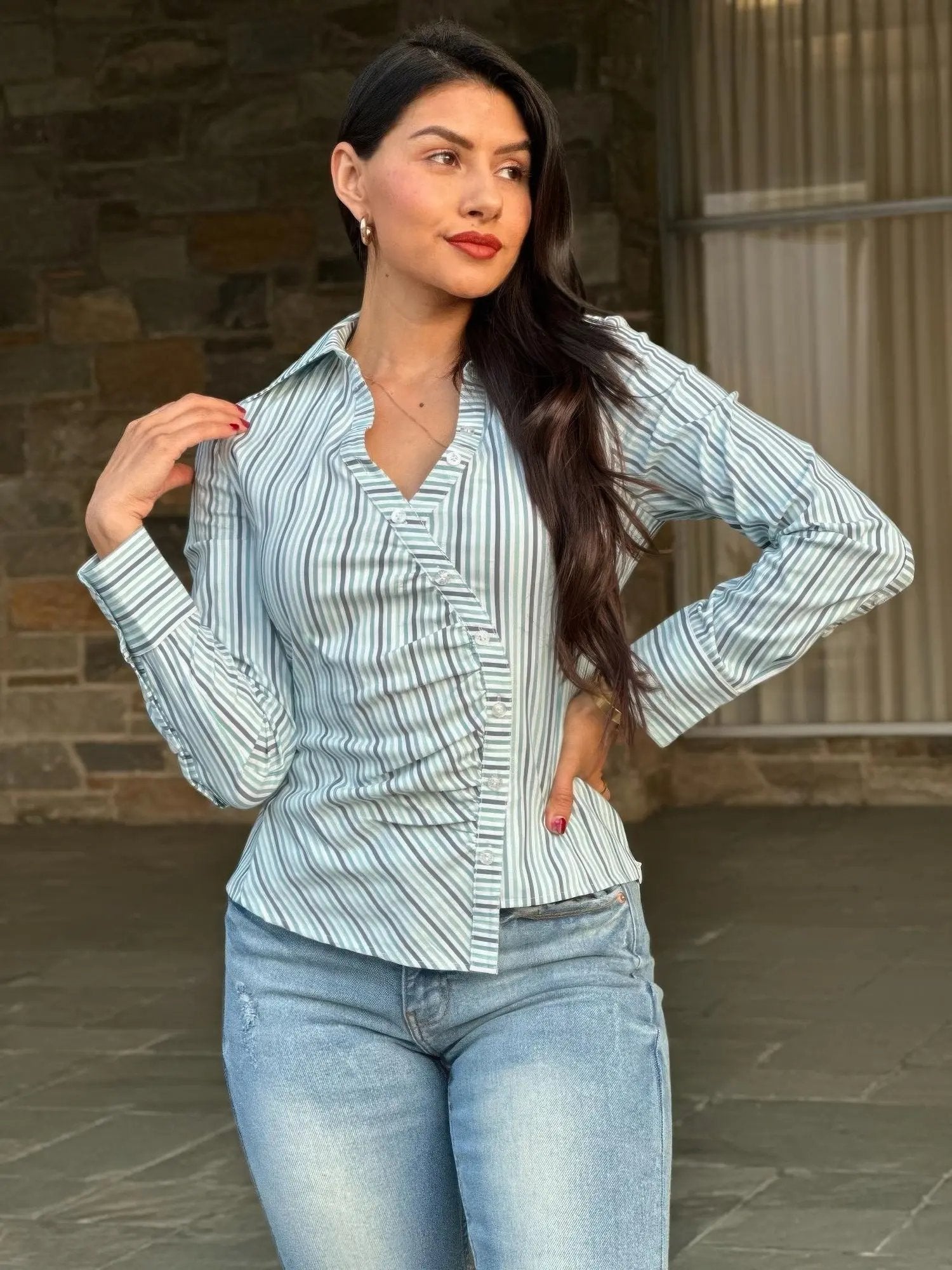 Stripe Asymmetric Button-down Detail Ls Blouse - DressAffection