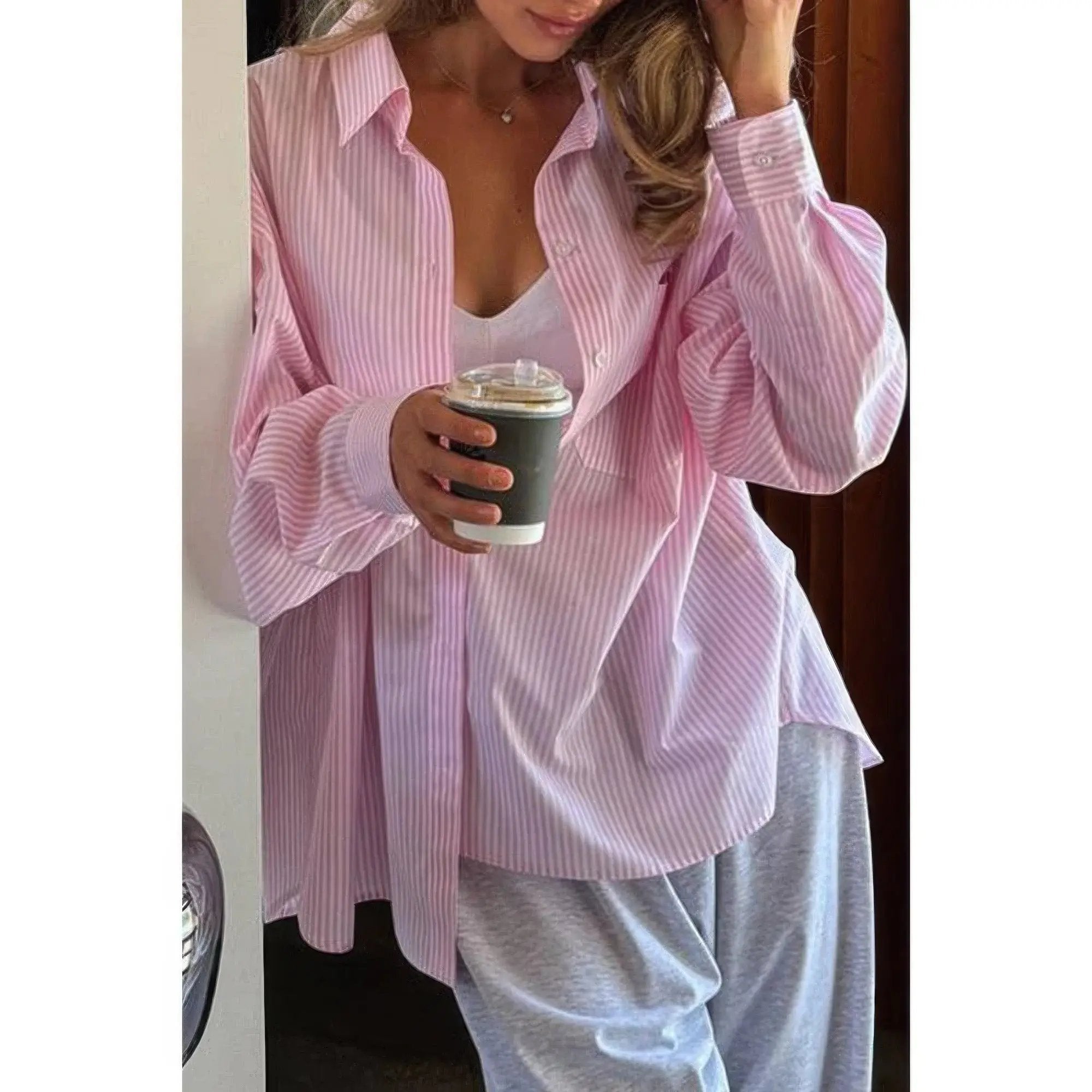 Stripe Long Sleeve Button Down Shirt - DressAffection