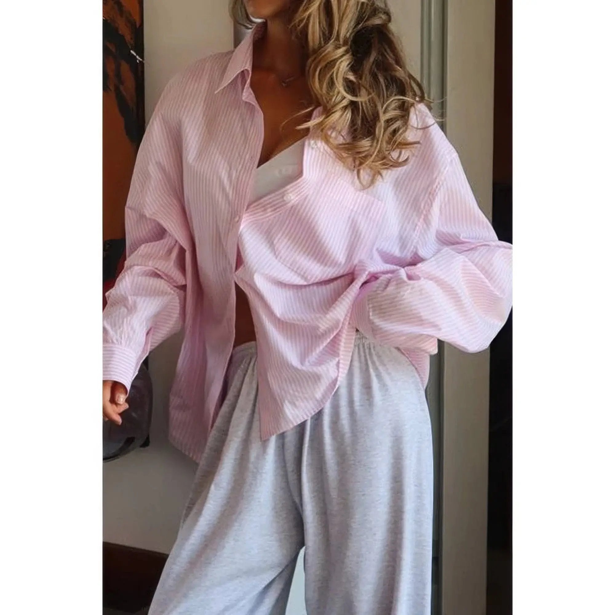 Stripe Long Sleeve Button Down Shirt - DressAffection