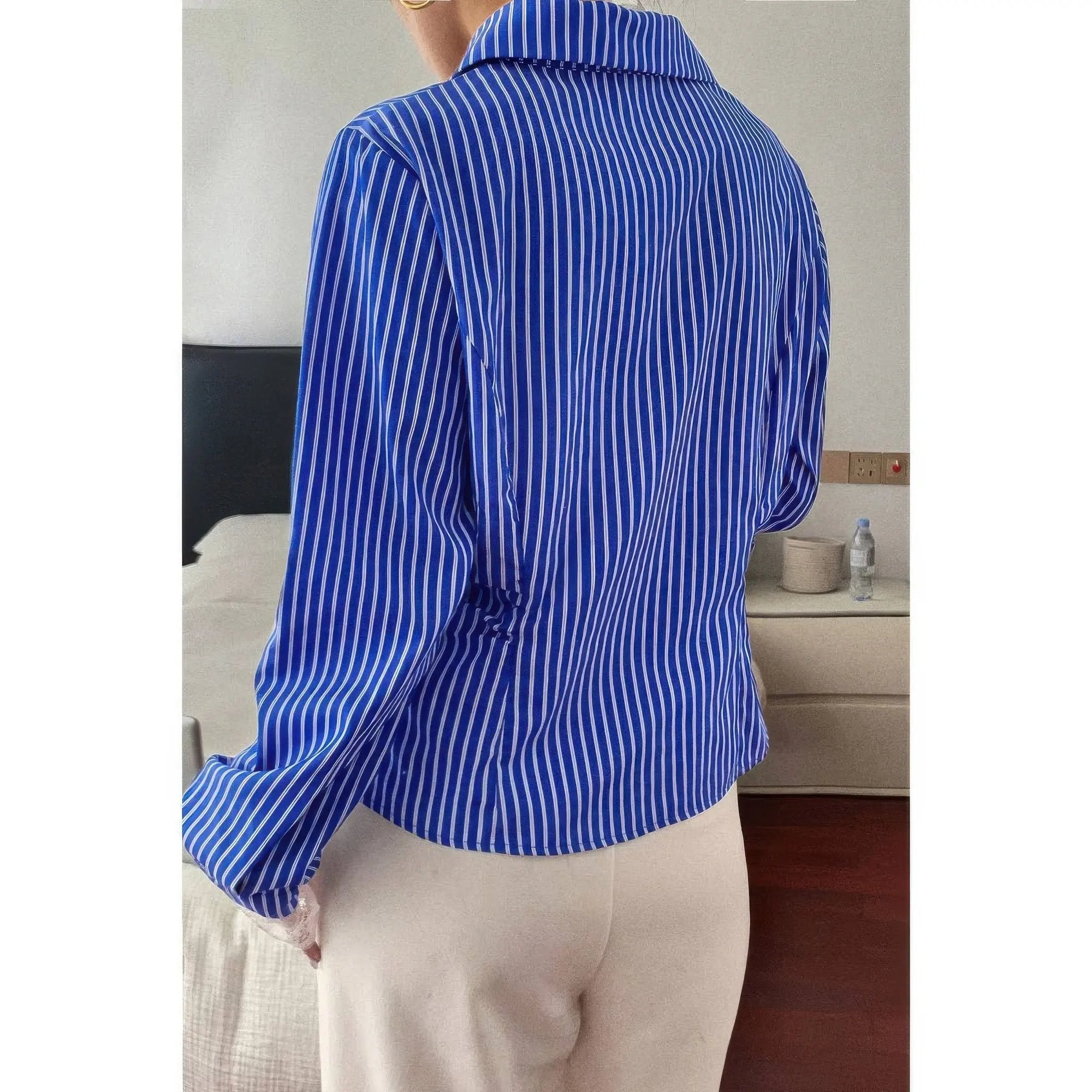 Striped Button Down Lace Detail Loose Shirt - DressAffection