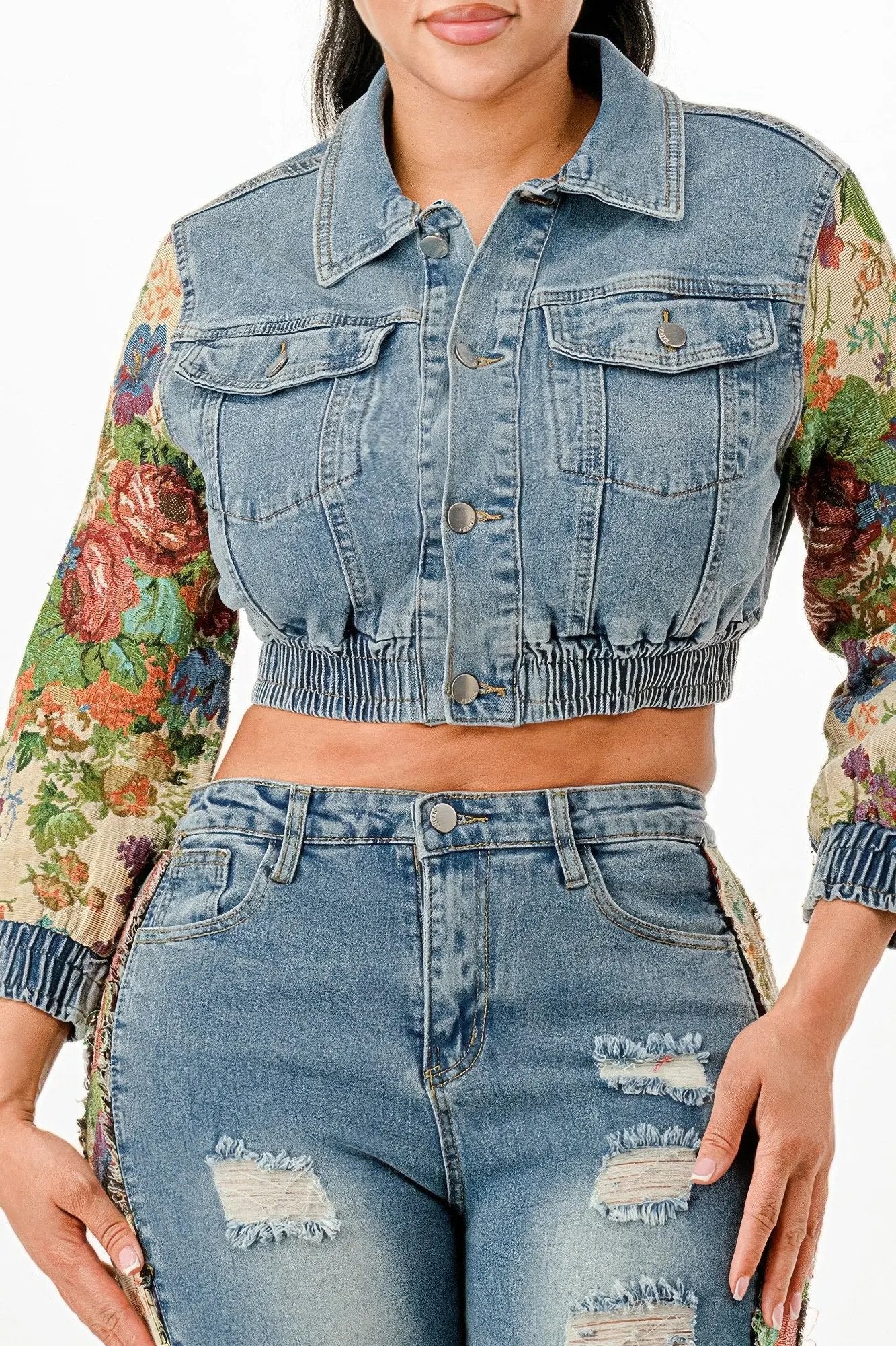 Tapestry Contrast Denim Set - DressAffection